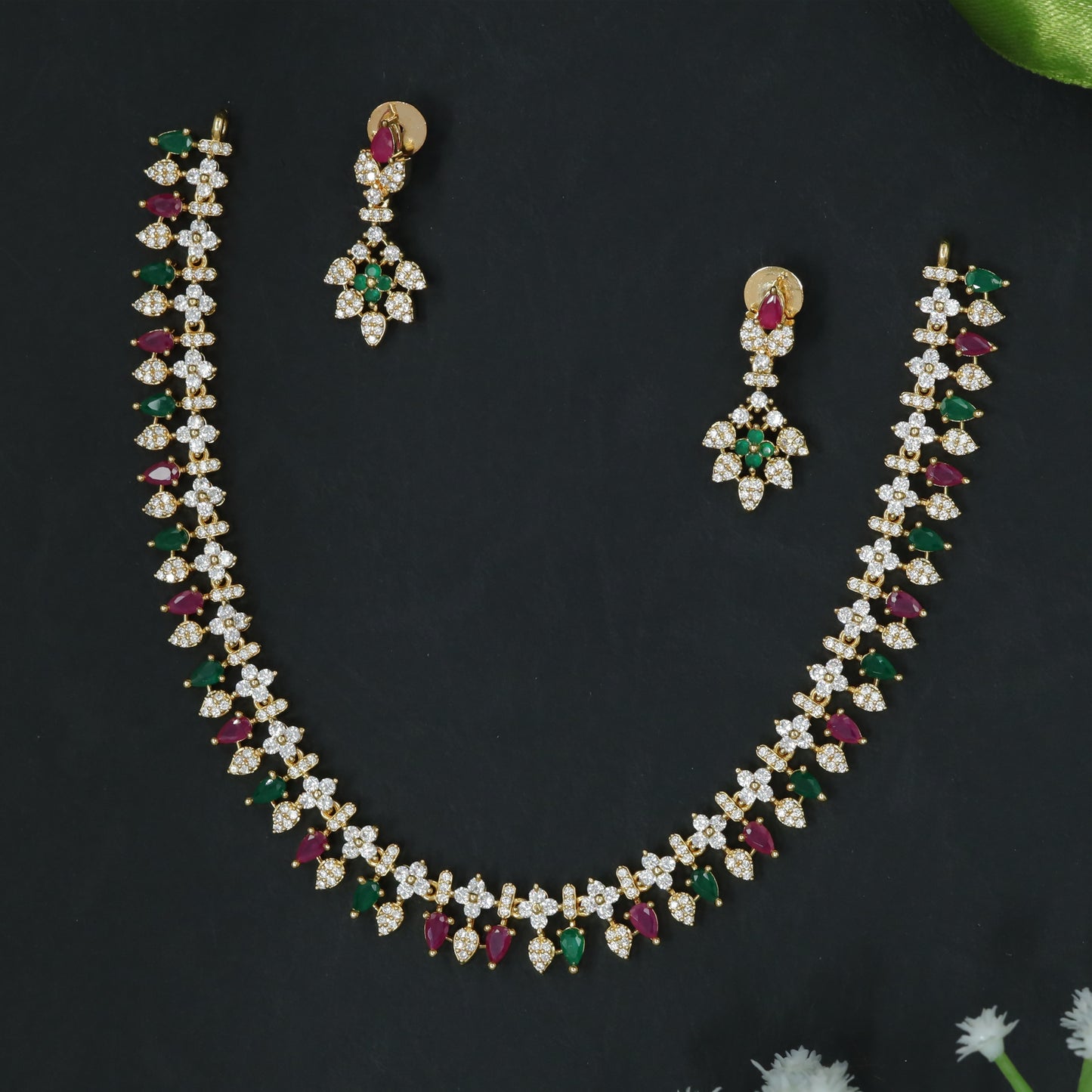 Elegant Diamond Finish Necklace Set with Leaf-Drop Design