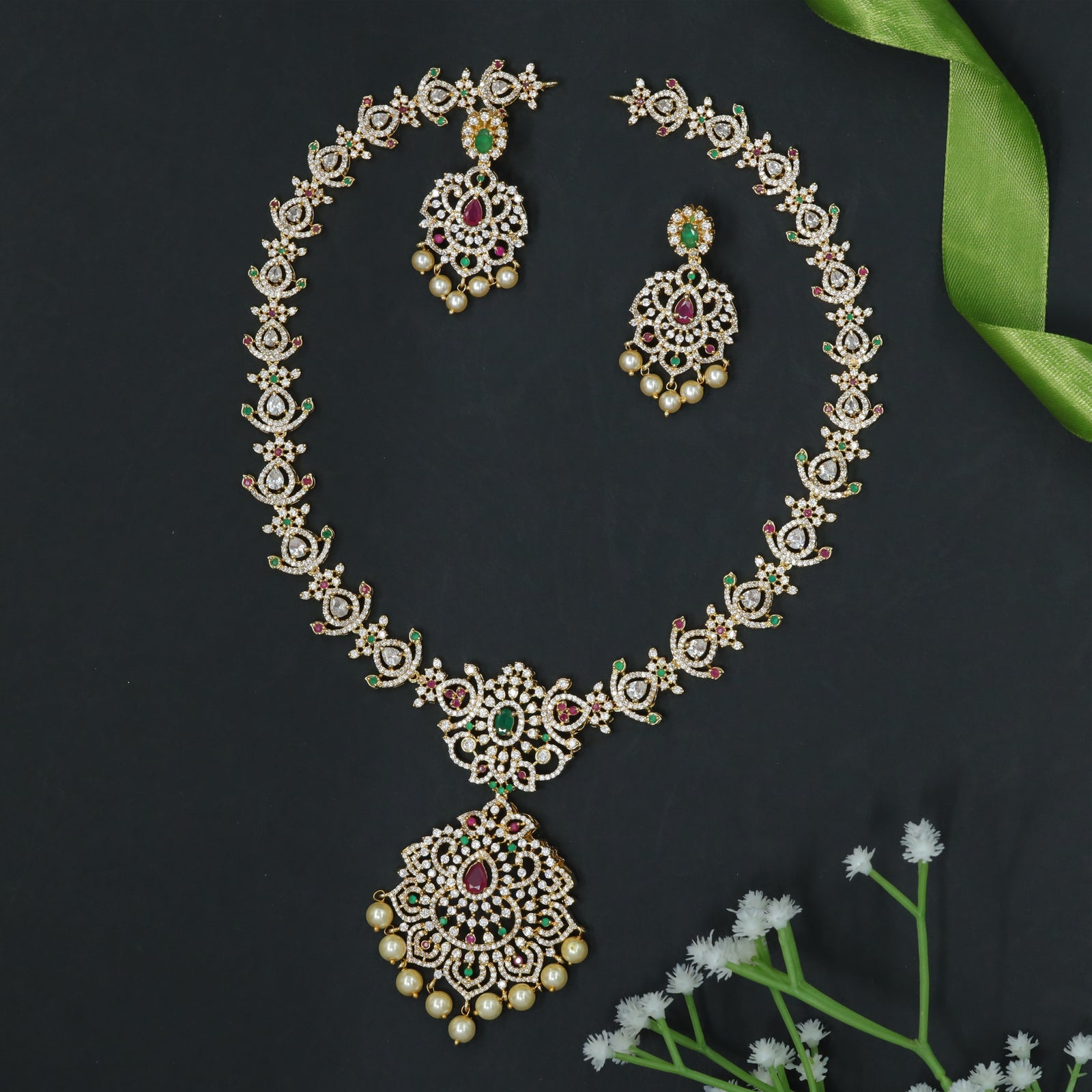Decorative Long Haara Necklace Featuring Multi Stone Detailing and Drops