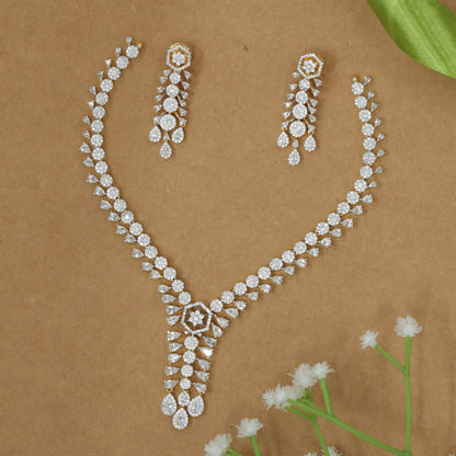 Dual-Tone Stone Flow Necklace with Central Drop Cascade Set