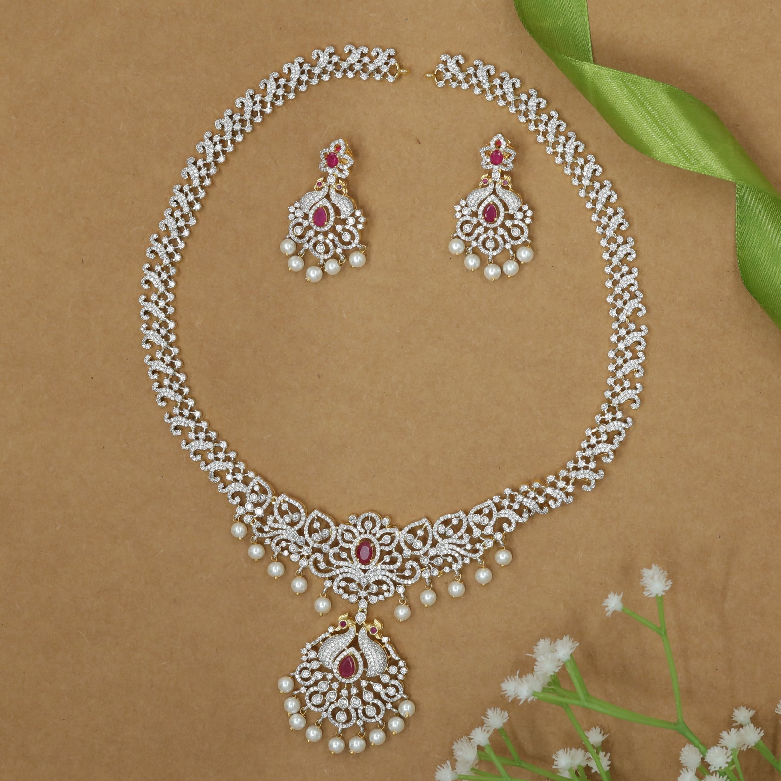 Sculpted Vine Curve Long Haara with Peacock Pendant and Pearl Drops Set