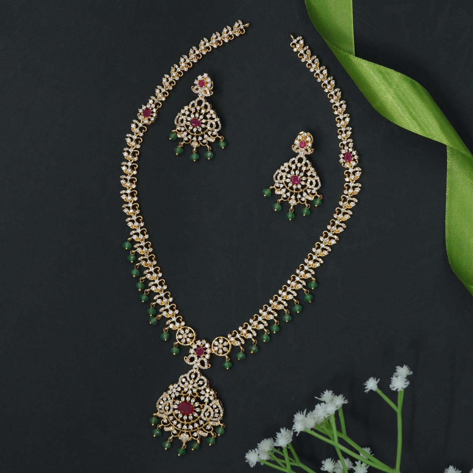 Elongated Floral Chain Long Haara with Framed Center Pendant