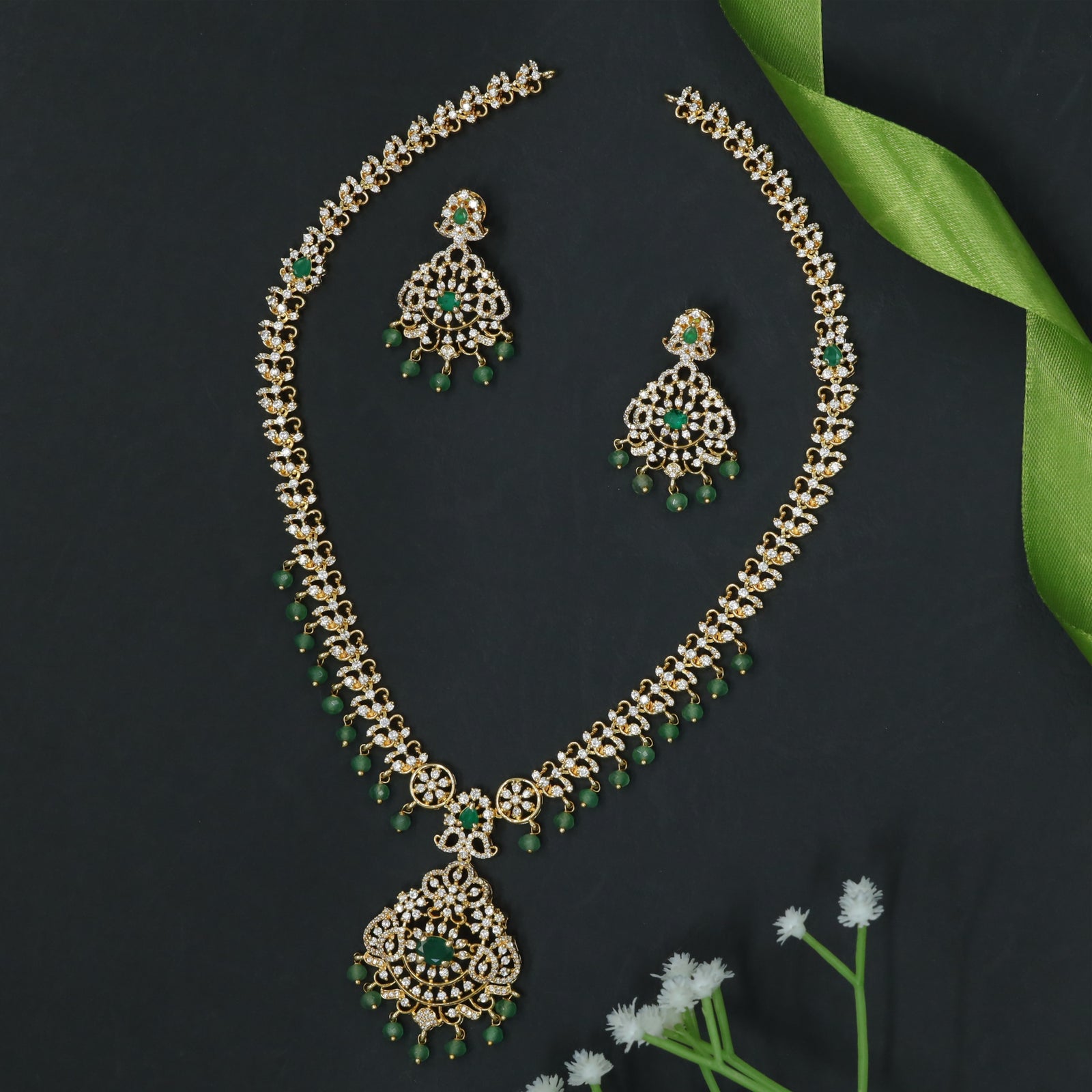 Elongated Floral Chain Long Haara with Framed Center Pendant