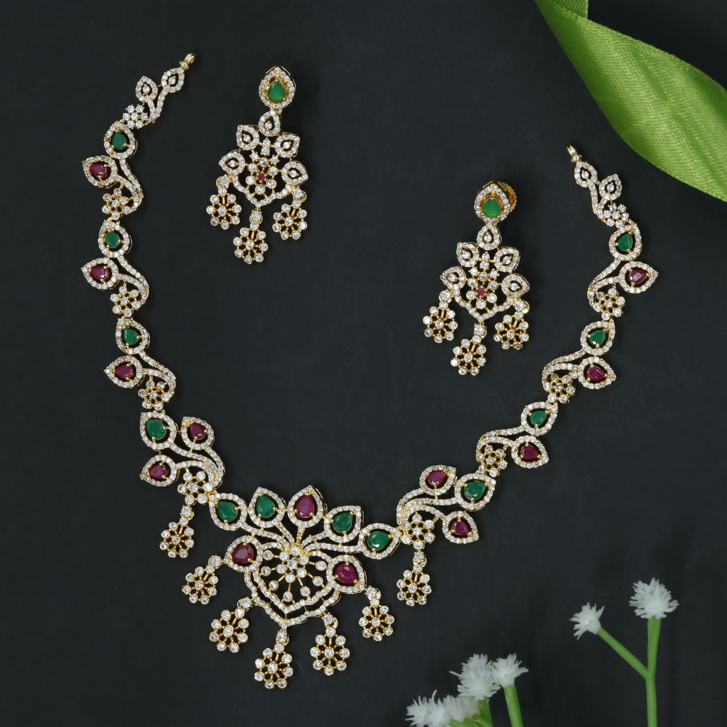 Floral Vine Curve Necklace with Cascading Cluster Drops Set