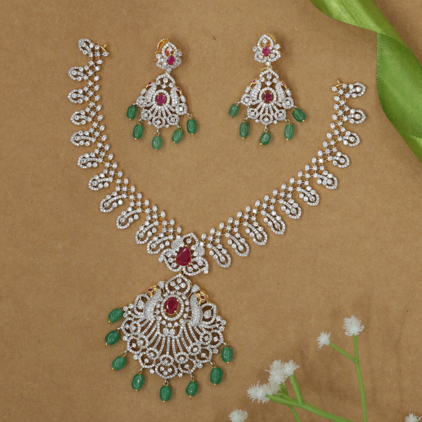 Graphic Loop Chain Necklace with Cascading Twin Peacock Drop Center
