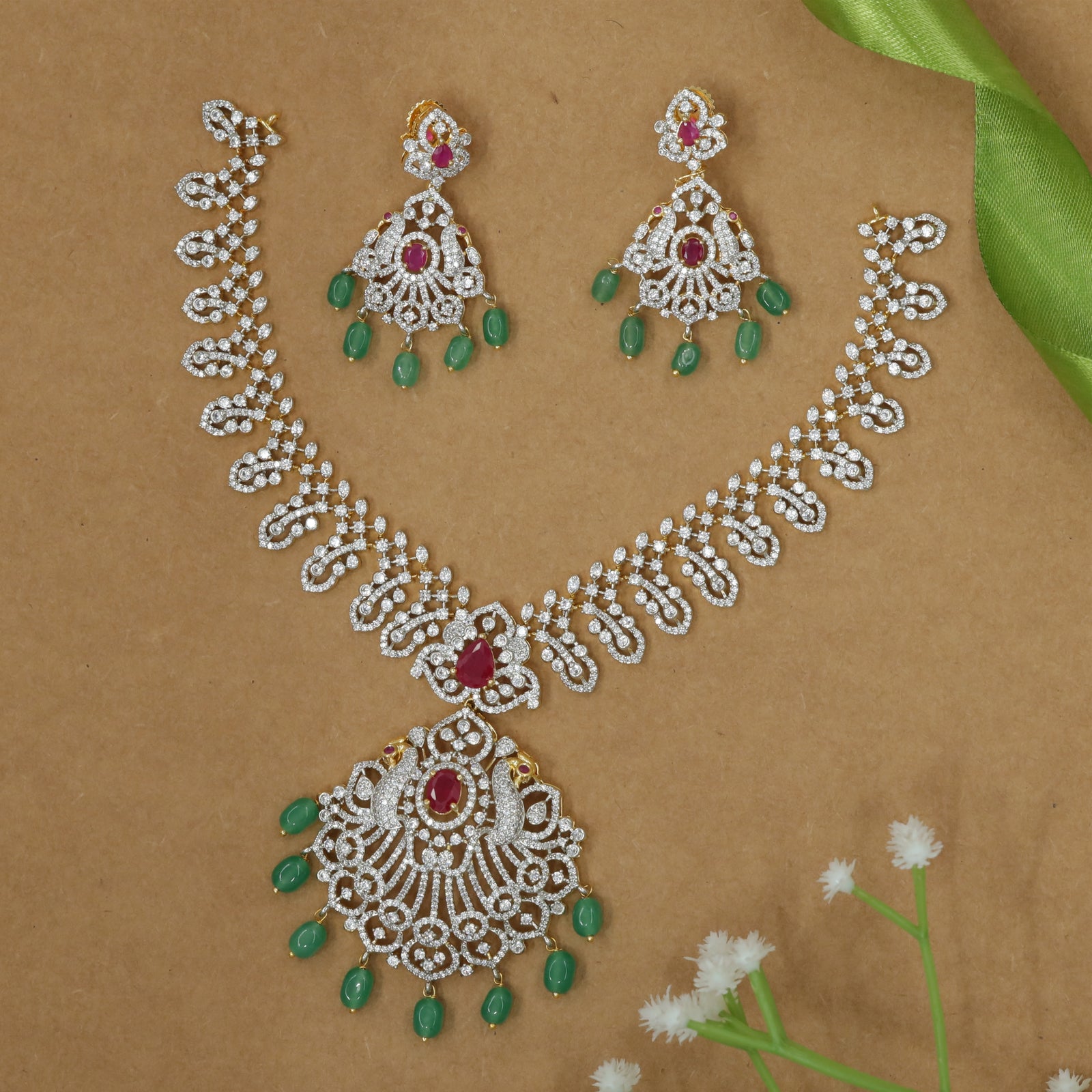 Graphic Loop Chain Necklace with Cascading Twin Peacock Drop Center