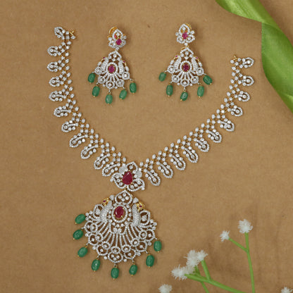 Graphic Loop Chain Necklace with Cascading Twin Peacock Drop Center