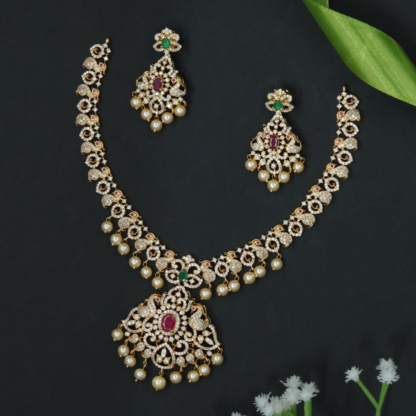 Sculpted Scroll Pattern Necklace with Statement Drop Pendant