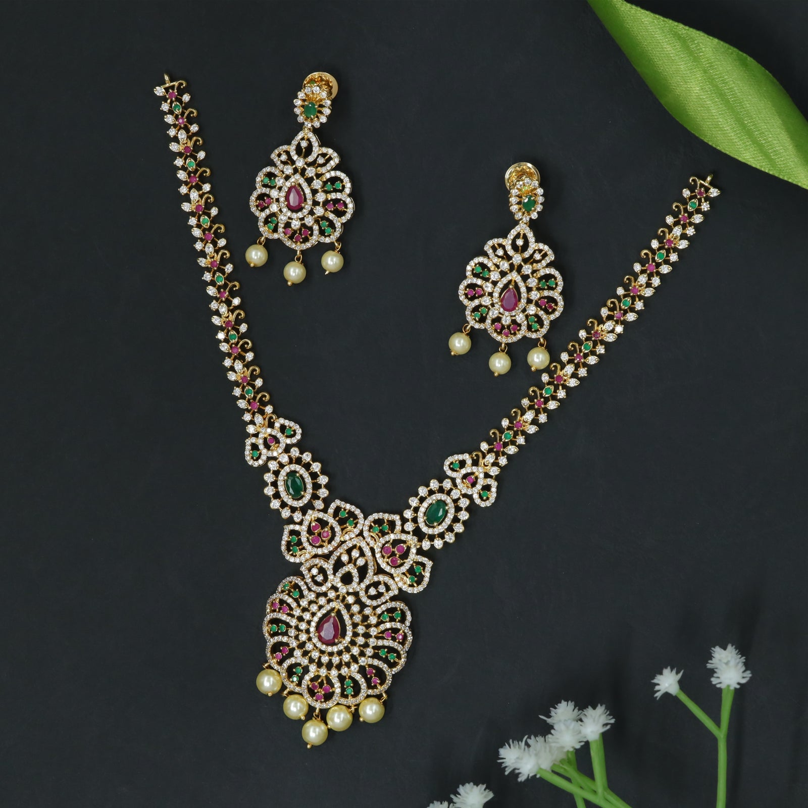 Multicolor Scrollwork Necklace with Floral Design Pendant and Pearl Drops
