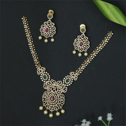 Multicolor Scrollwork Necklace with Floral Design Pendant and Pearl Drops