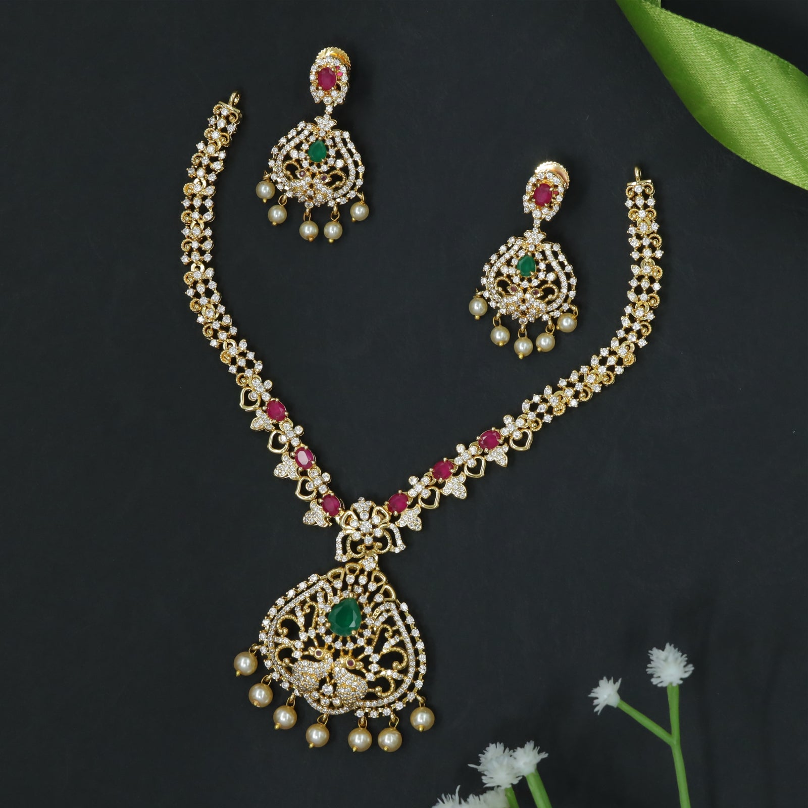 Peacock-Inspired Pendant Necklace with Cascading Drop Finish
