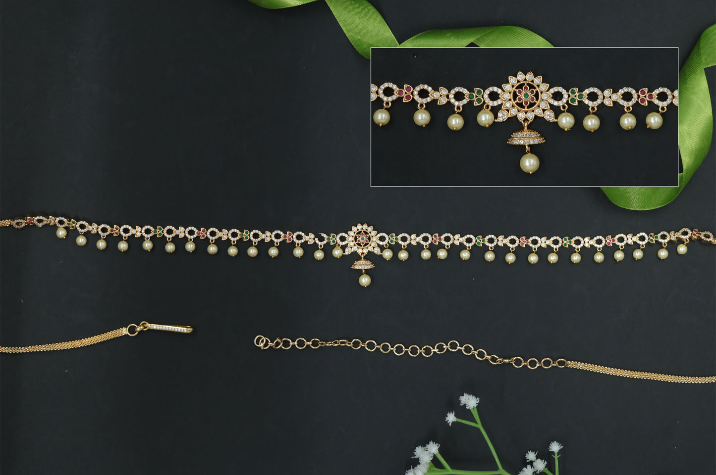Refined Stone Waist Belt with Flower Ornamental Center Detail