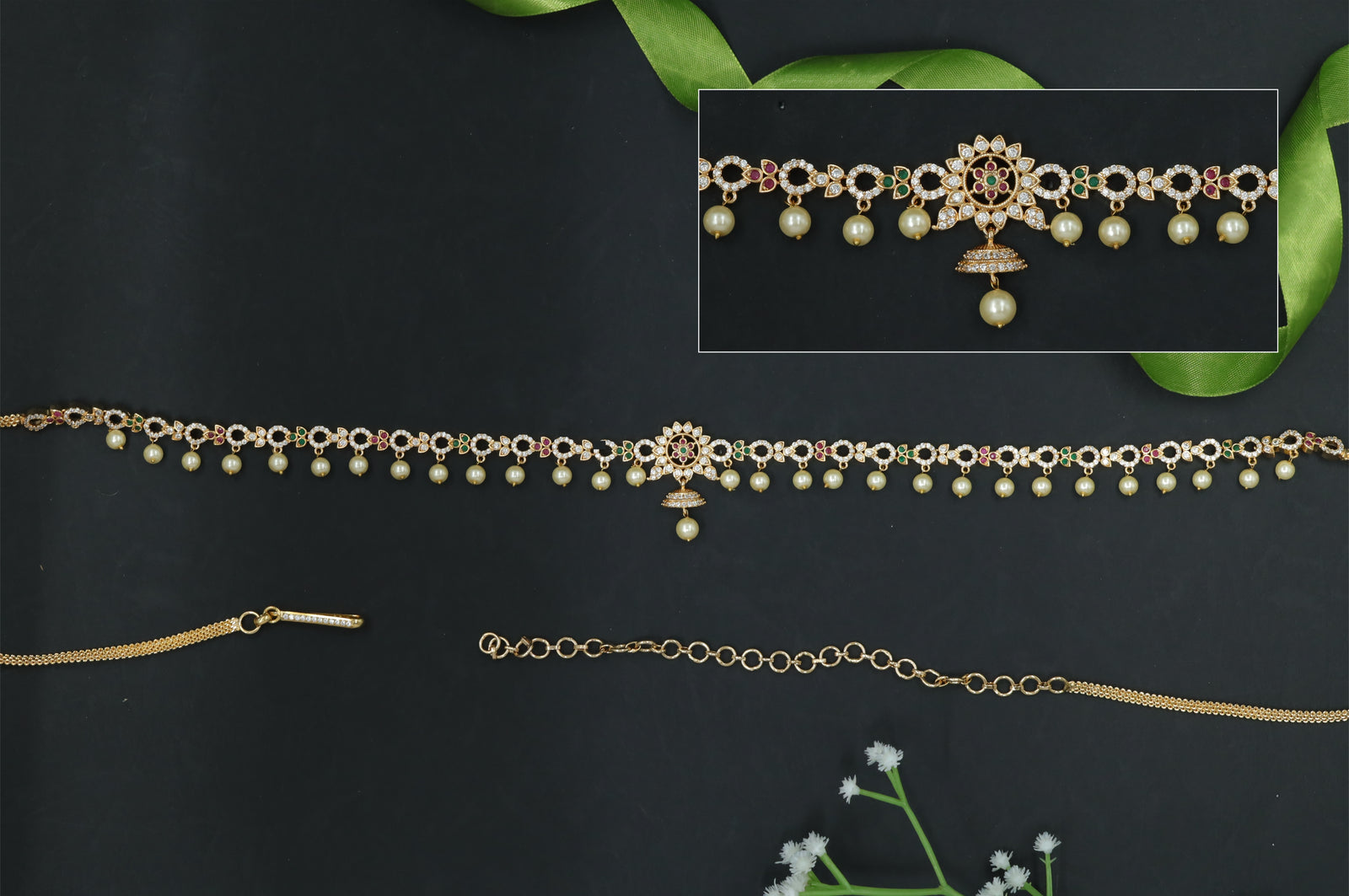 Refined Stone Waist Belt with Flower Ornamental Center Detail