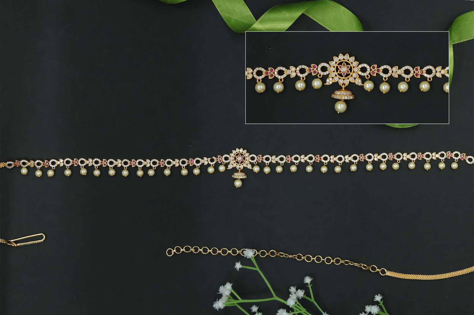 Refined Stone Waist Belt with Flower Ornamental Center Detail