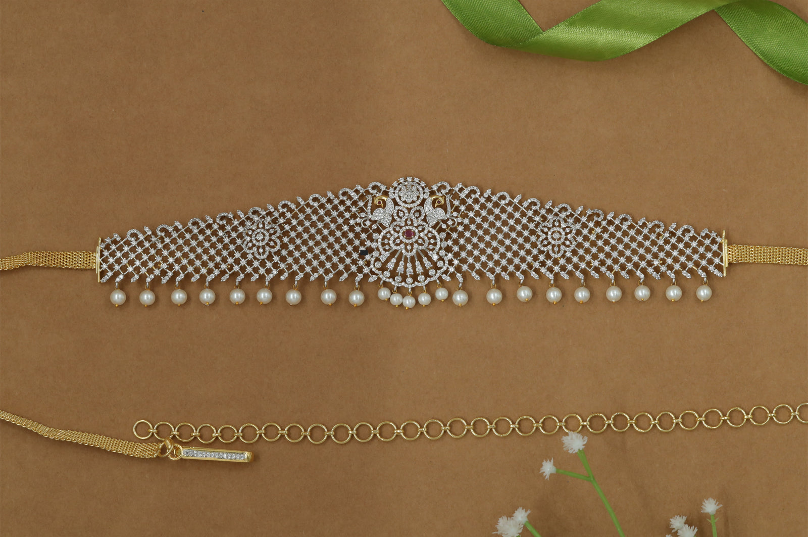 Wide Net-Pattern Waist Belt with Central Peacock Ornamental Emblem
