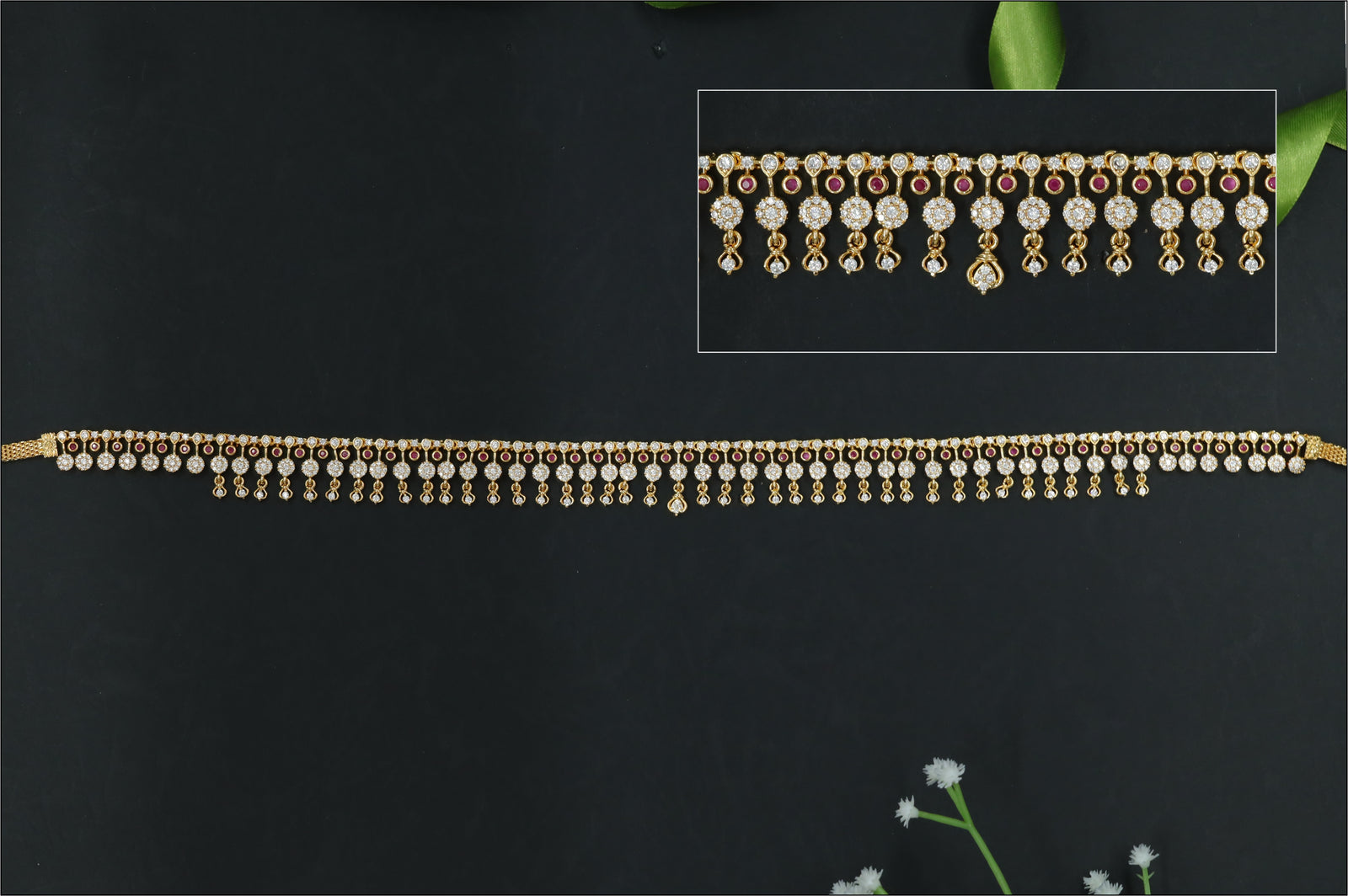 Linear Stone Waist Belt with Repeating Fringe Drops