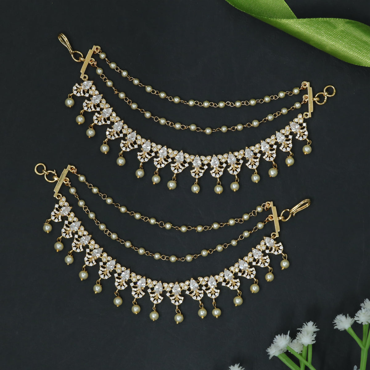 White Bead Mati with Leaf-Shaped Crystal Drops