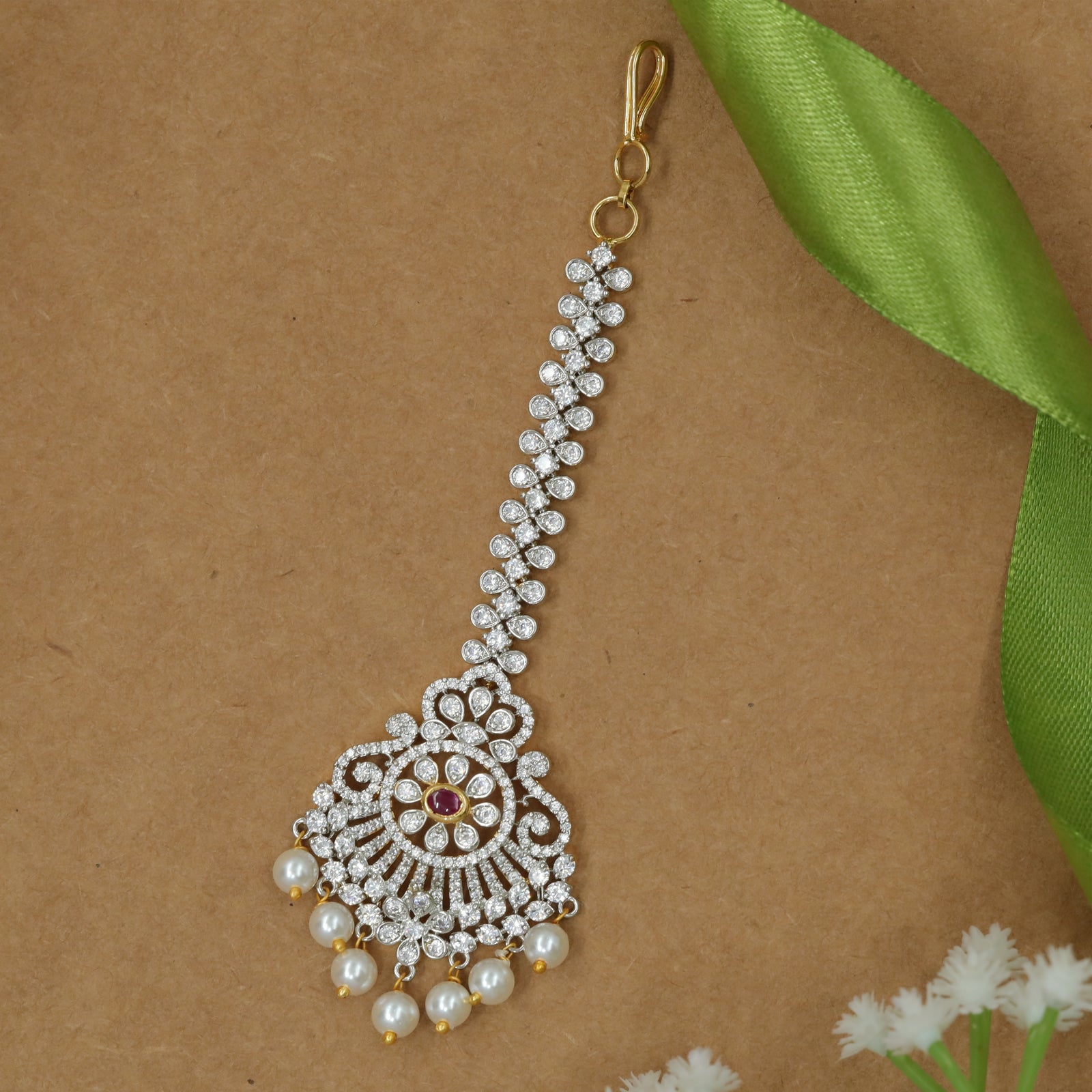 Tikka with Crystal Medallion and Pearled Danglers