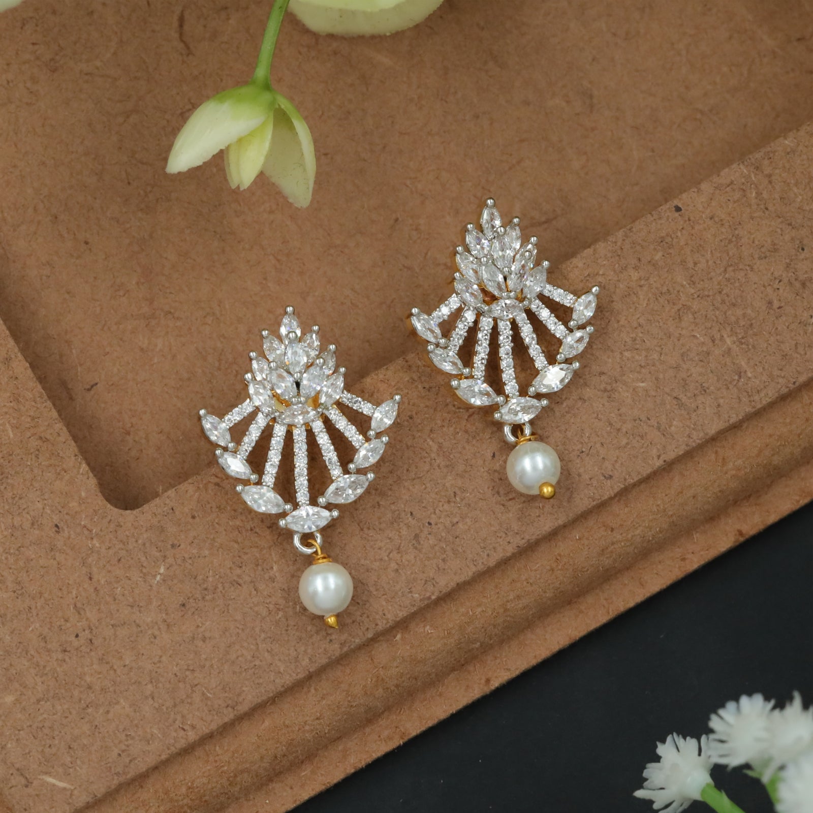 Radiating Arc Studs with Hanging Pearl