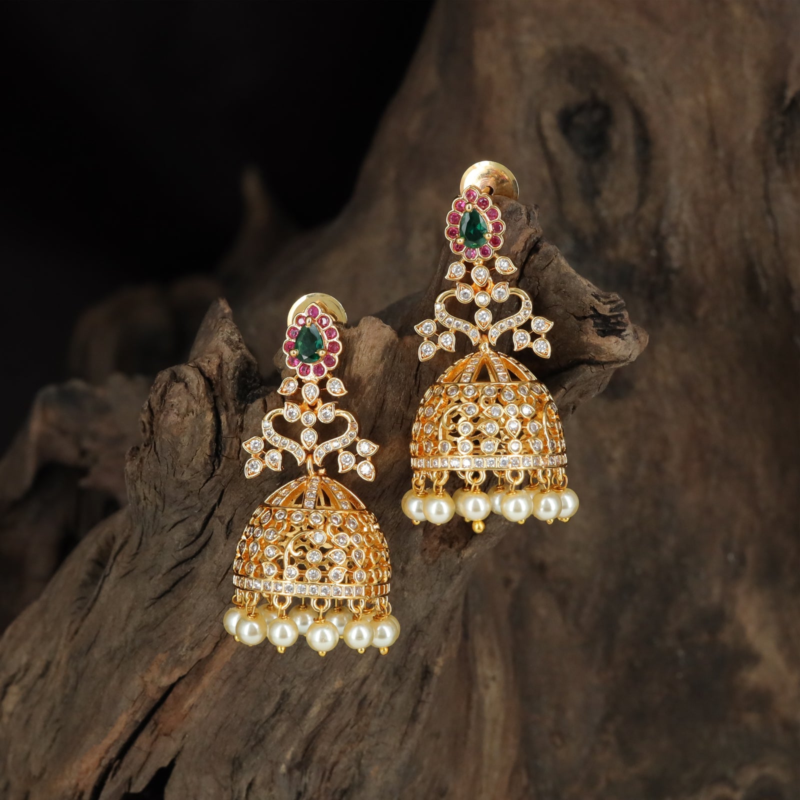 Decorative Crest Jumka with Framed Dome and Pearl Edge