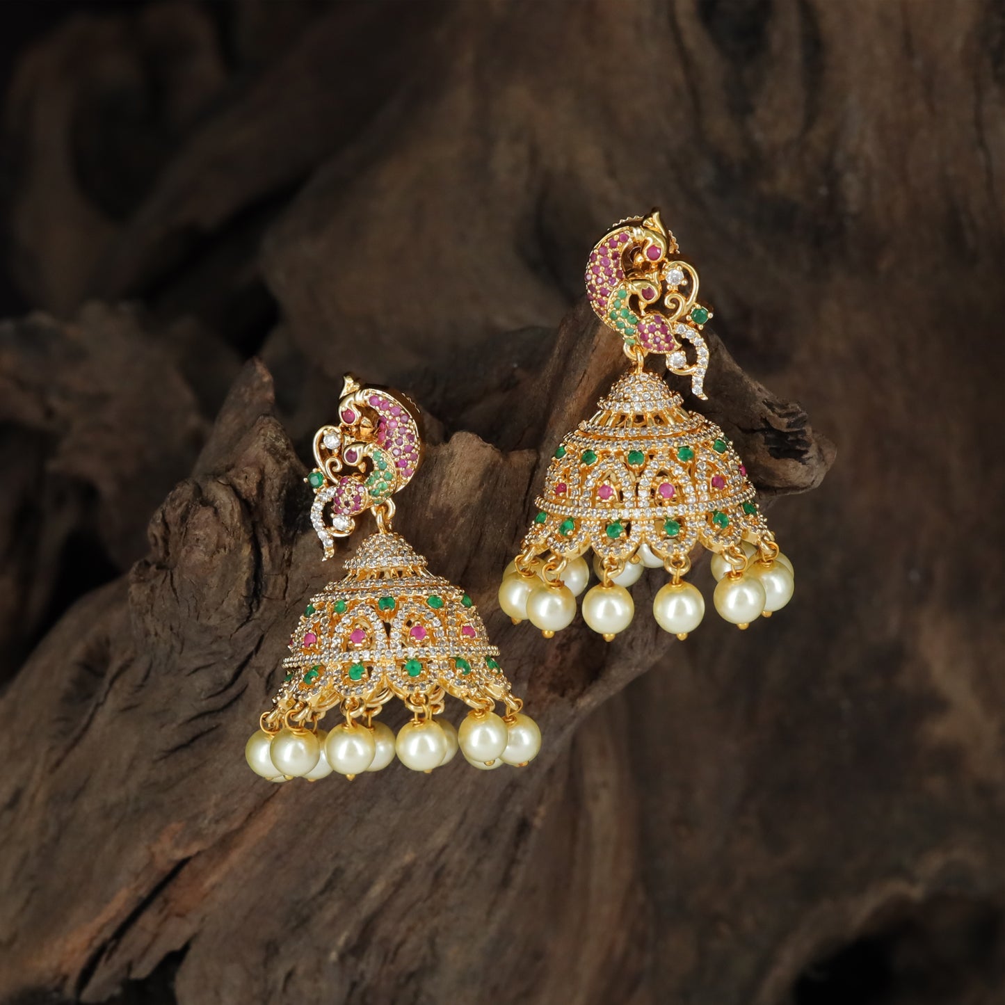 Sculpted Crest Jumka with Layered Dome and Pearl Rim