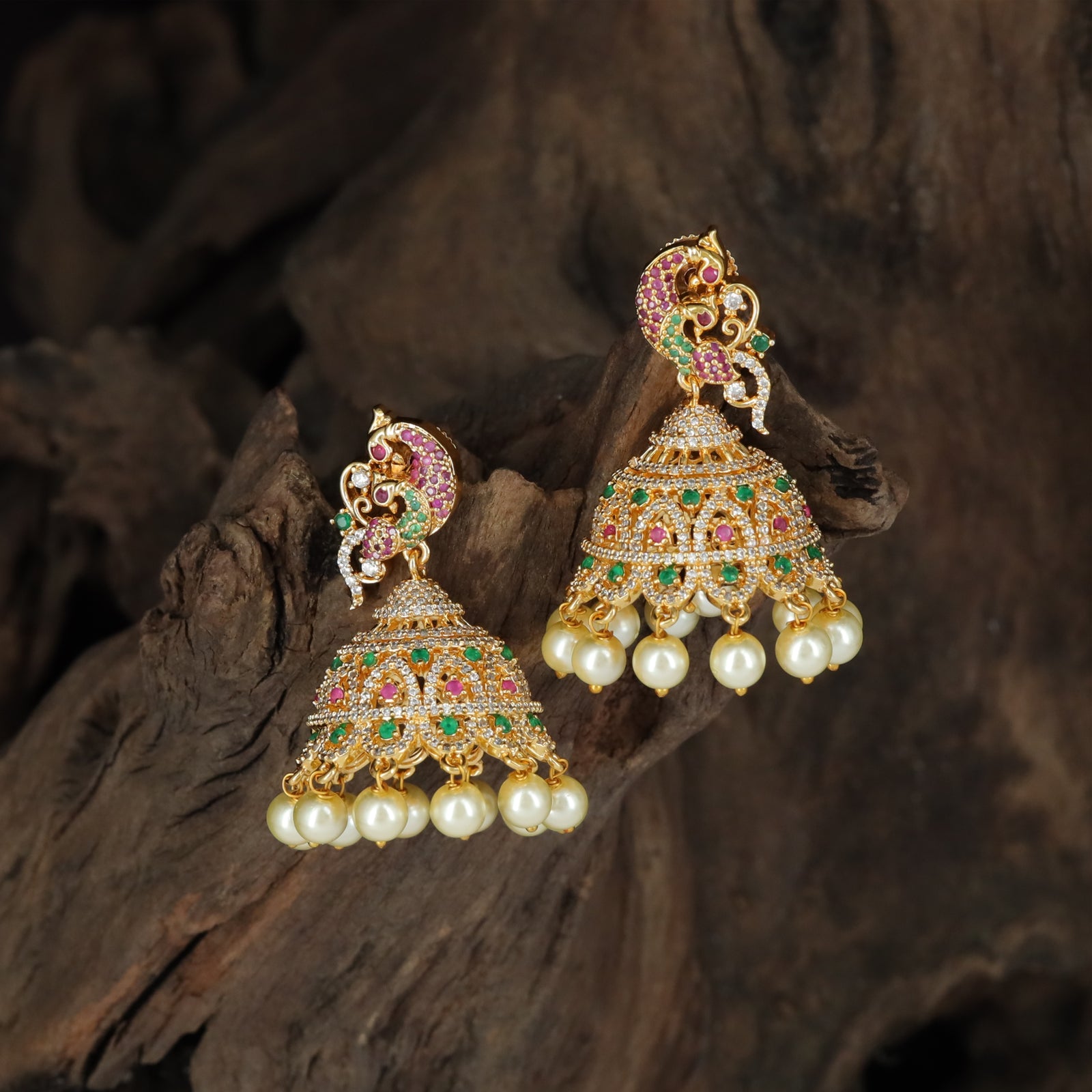 Sculpted Crest Jumka with Layered Dome and Pearl Rim