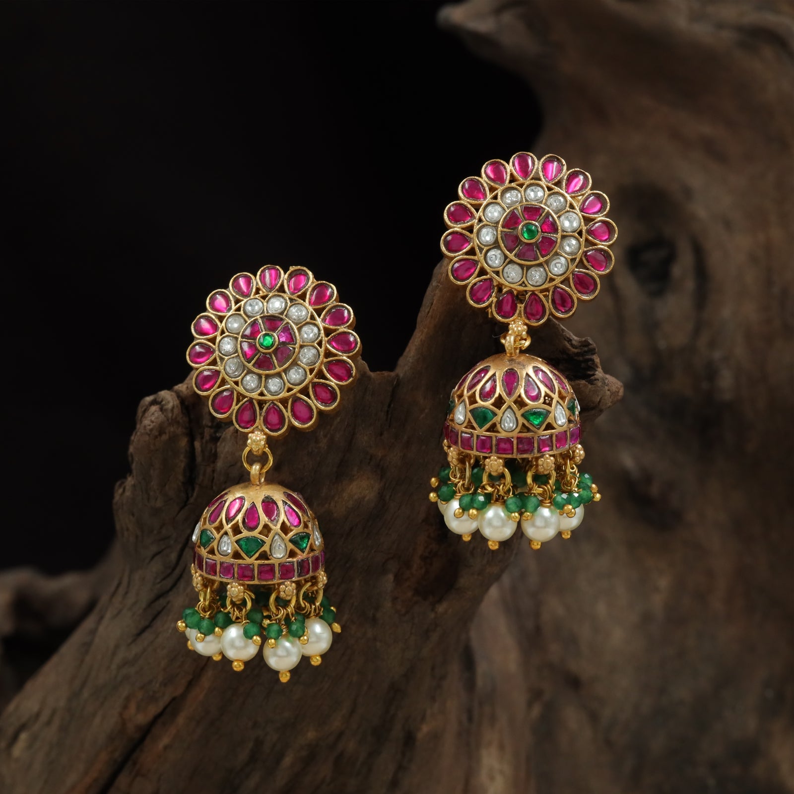 Beautiful Ornate Floral Design Jumka with Jade and Pearl Hangings