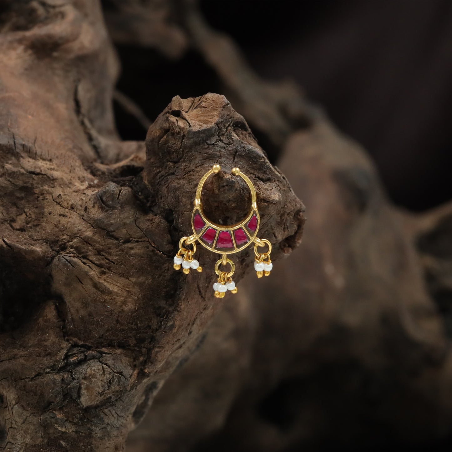 Beautiful Inset Stone Arc Hoop Jadau Nose Ring with Drops