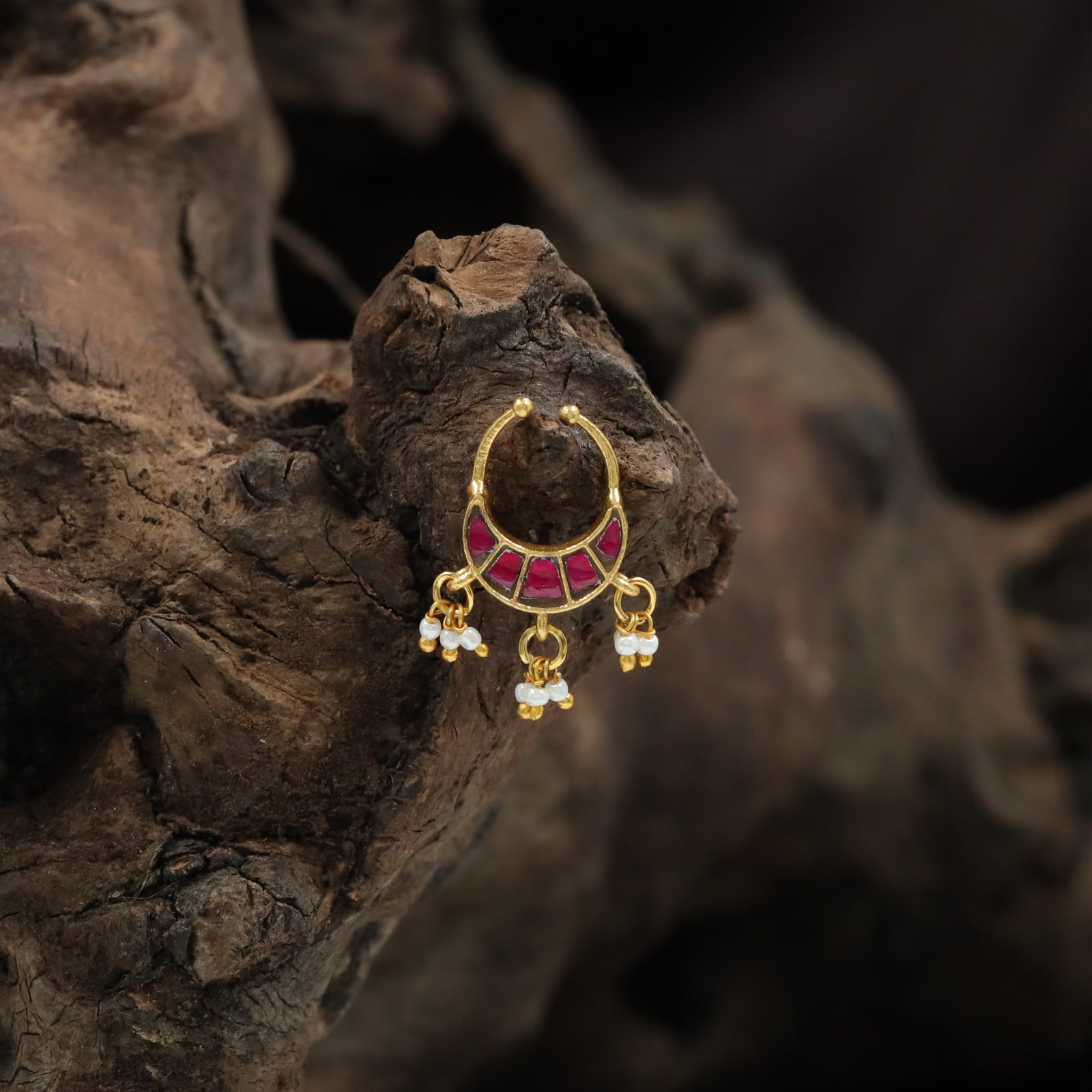 Beautiful Inset Stone Arc Hoop Jadau Nose Ring with Drops