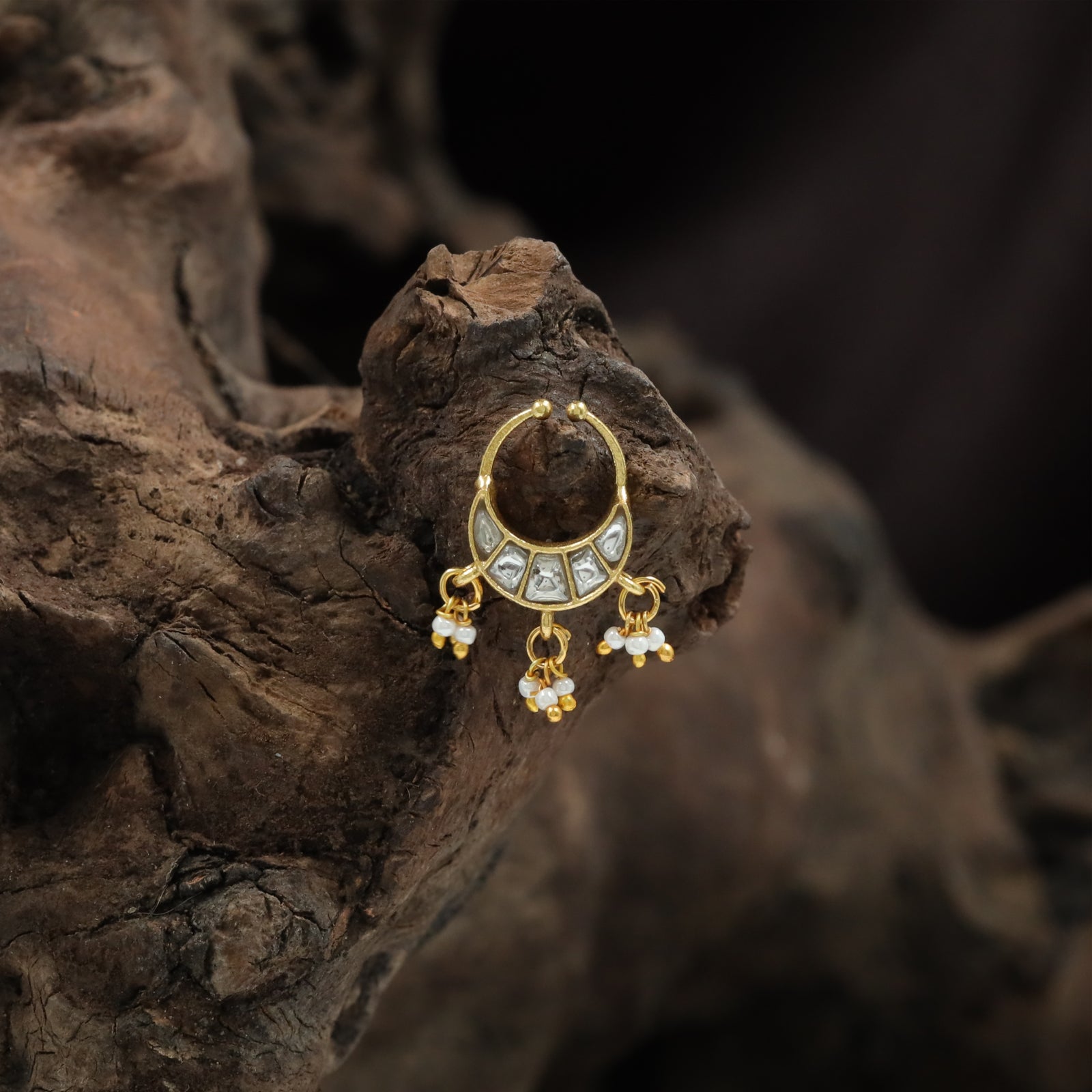 Beautiful Inset Stone Arc Hoop Jadau Nose Ring with Drops