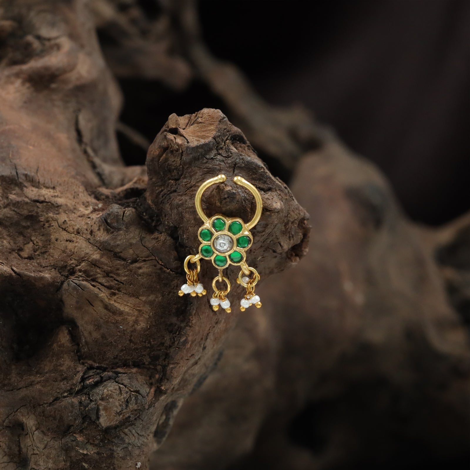 Flower-Centred Stone Hoop Jadau Nose Ring with Drops