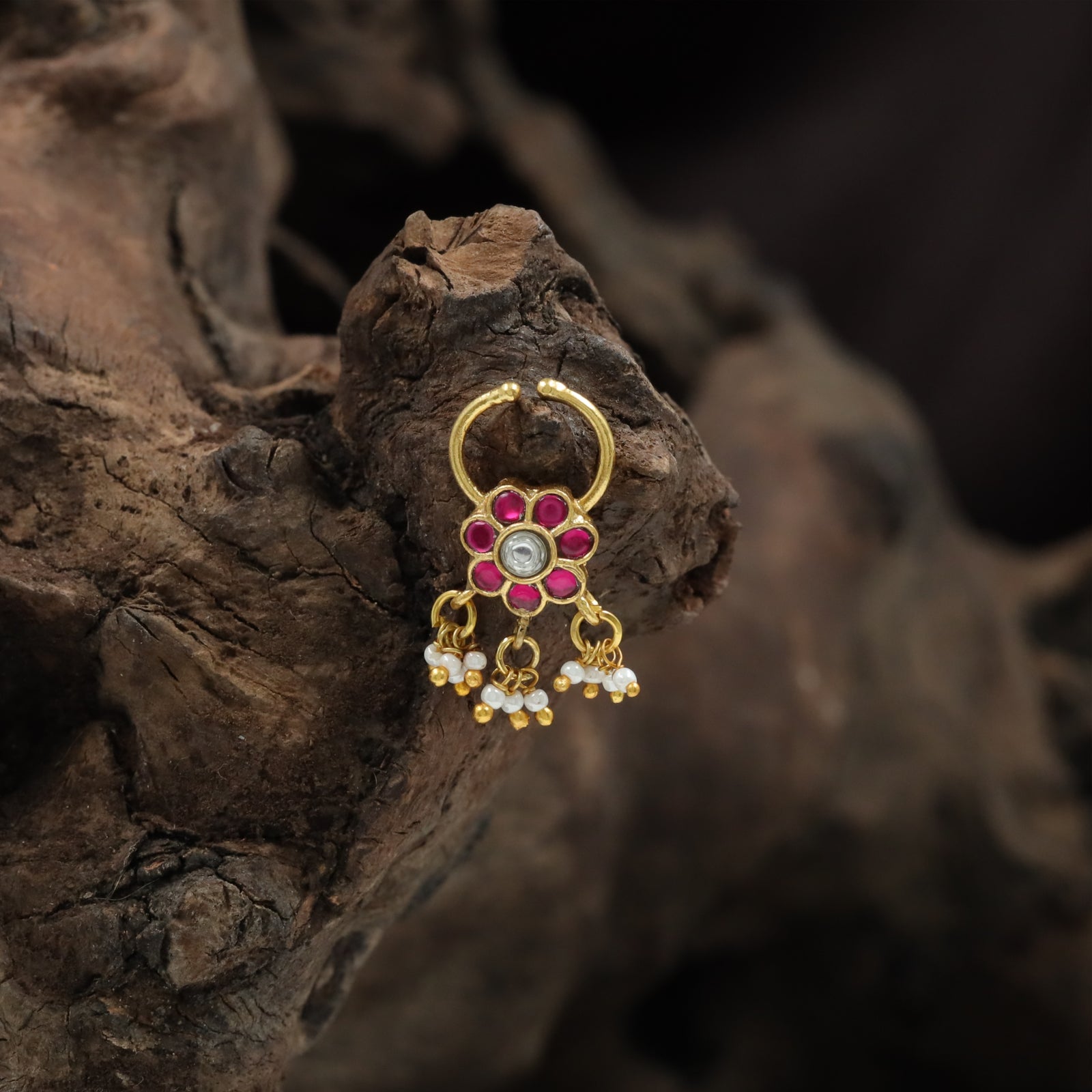 Flower-Centred Stone Hoop Jadau Nose Ring with Drops