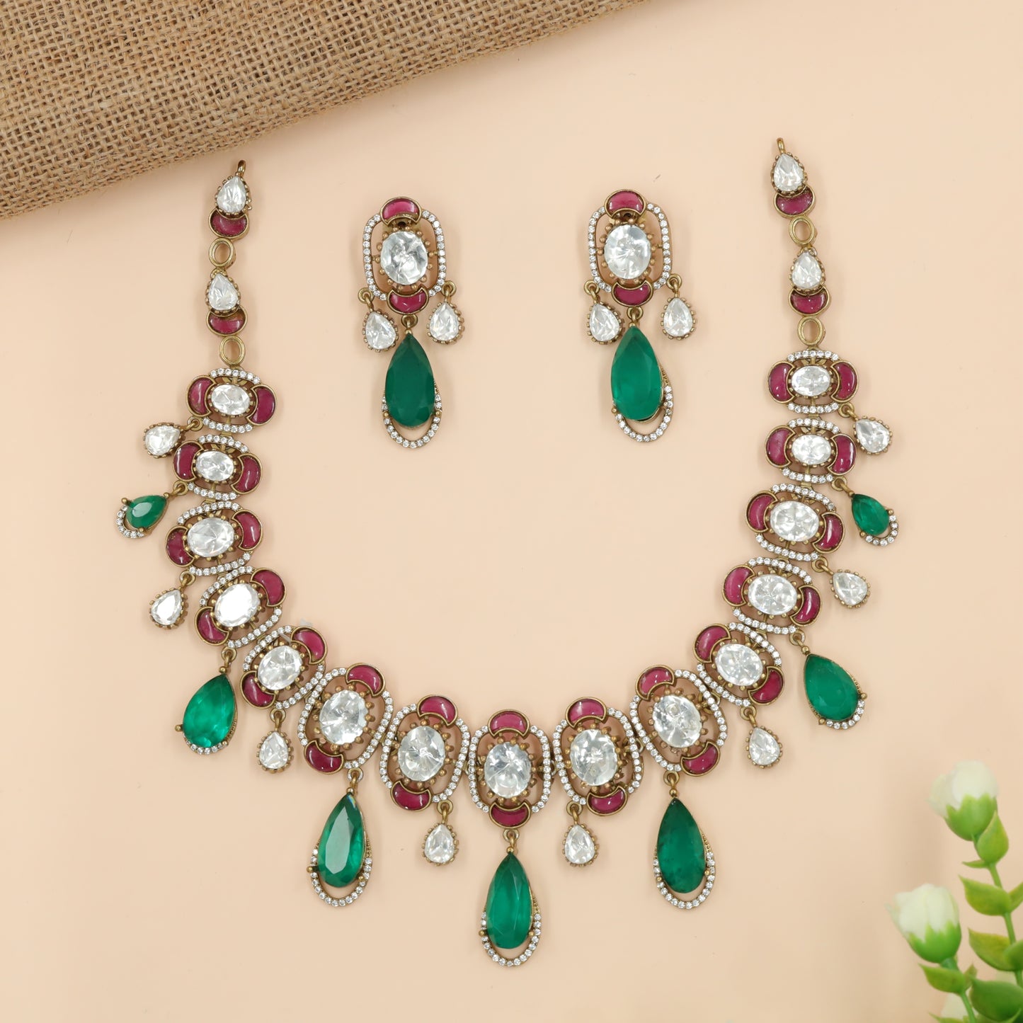 Oval Stone Sequence Victorian Necklace with Teardrop Drops