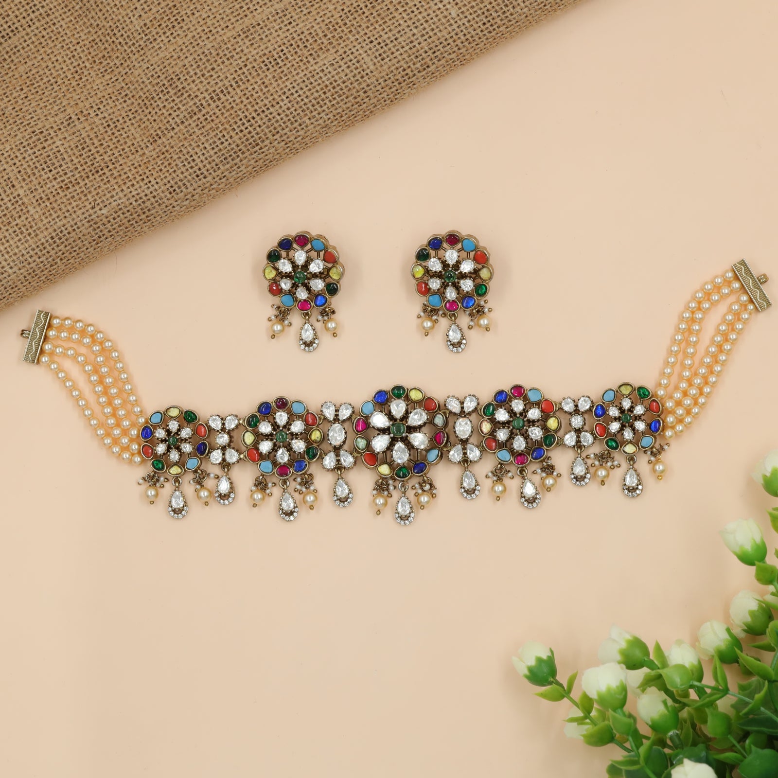 Multi-Colour Floral Panel Victorian Choker with Drop Accents
