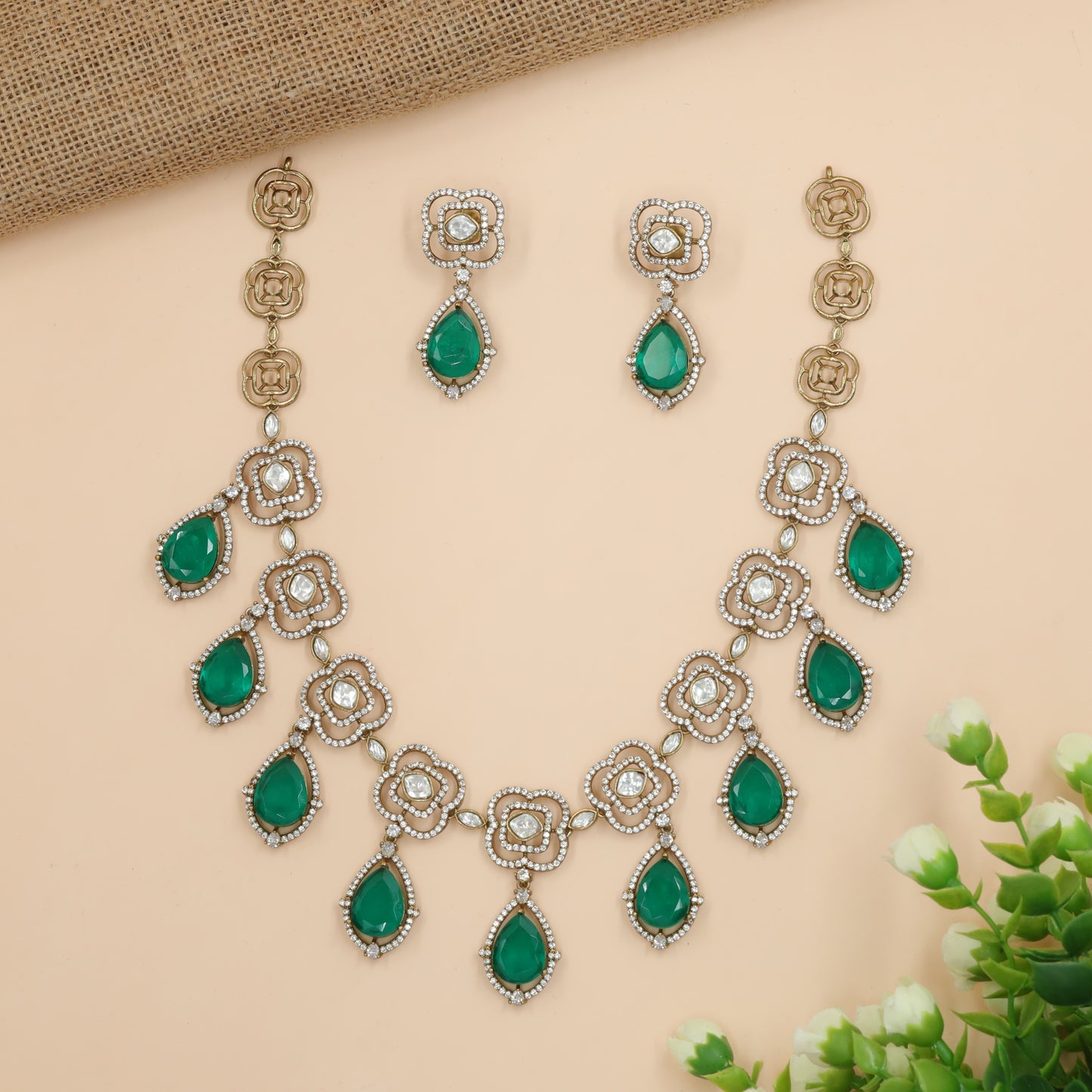 Teardrop Stone Victorian Necklace with Interlinked Floral Frames
