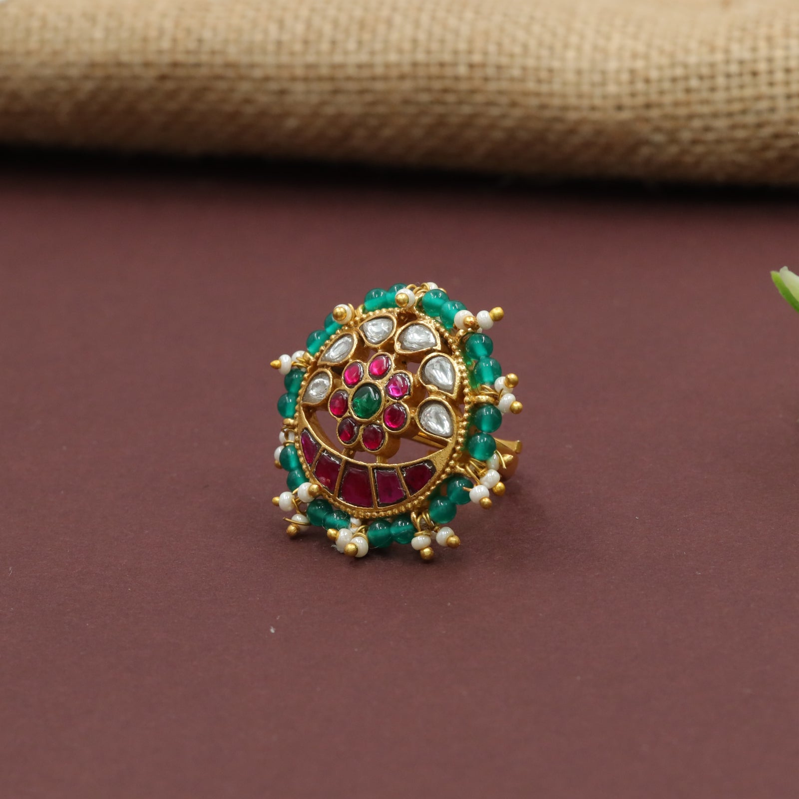 Circular Bead-Rim Jadau Finger Ring with Floral Centre