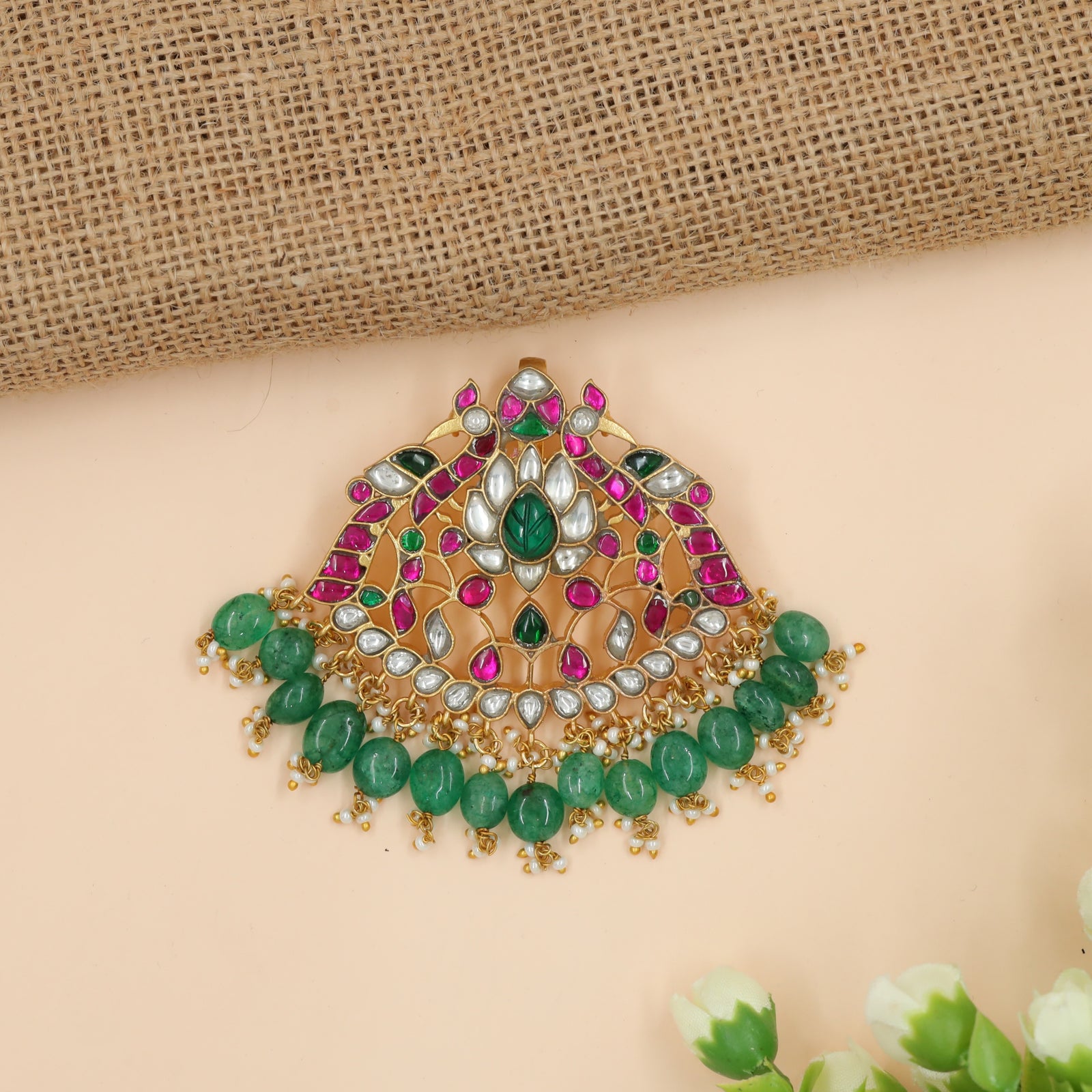 Peacock-Form Jadau Pendant with Stone Inlay and Bead Hangings