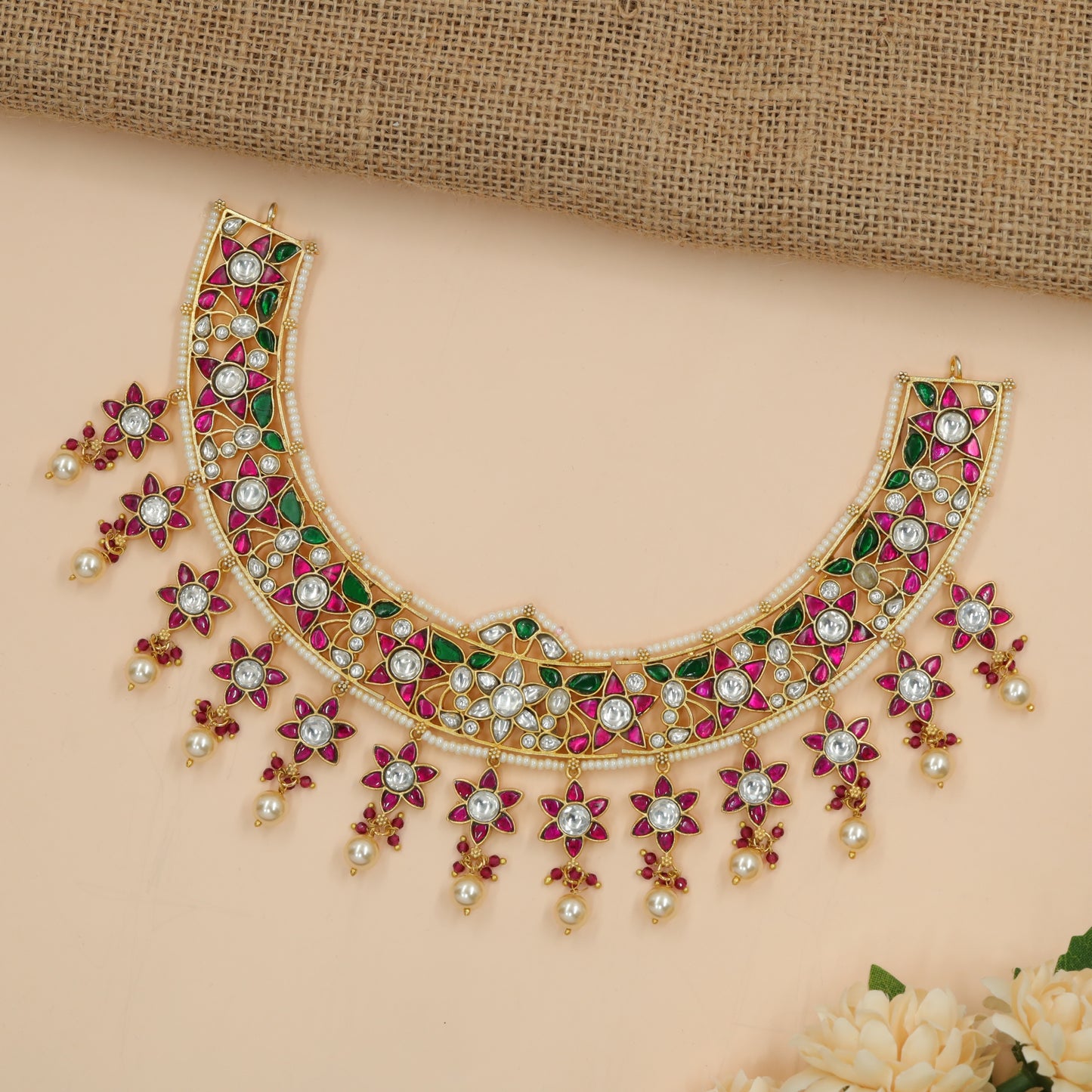 Stone-Panel Jadau Necklace with Repeating Floral Hangings
