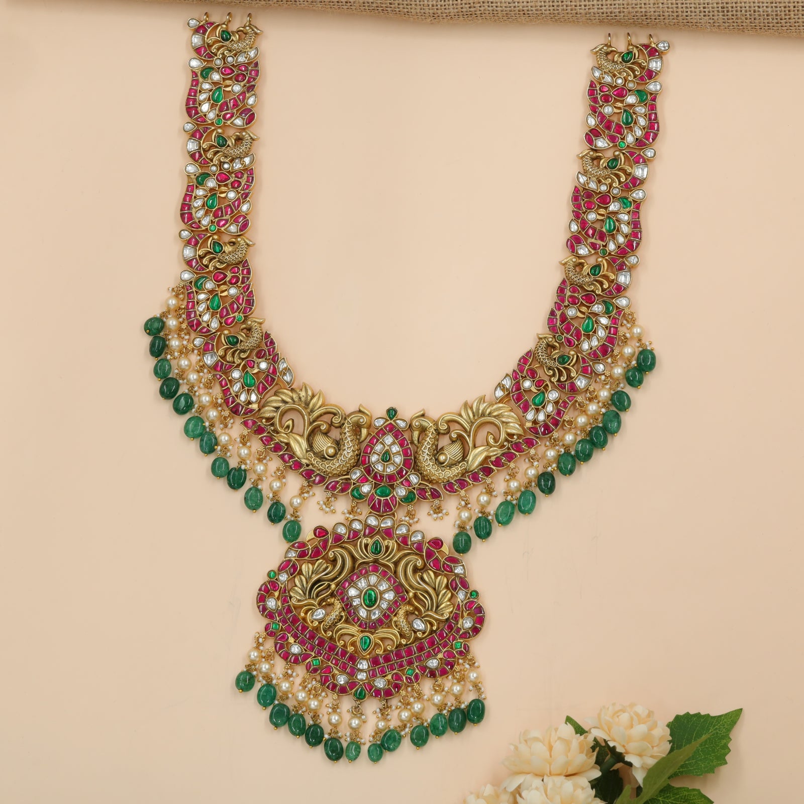 Peacock-Decorated Jadau Long Haara with Pendant Focus