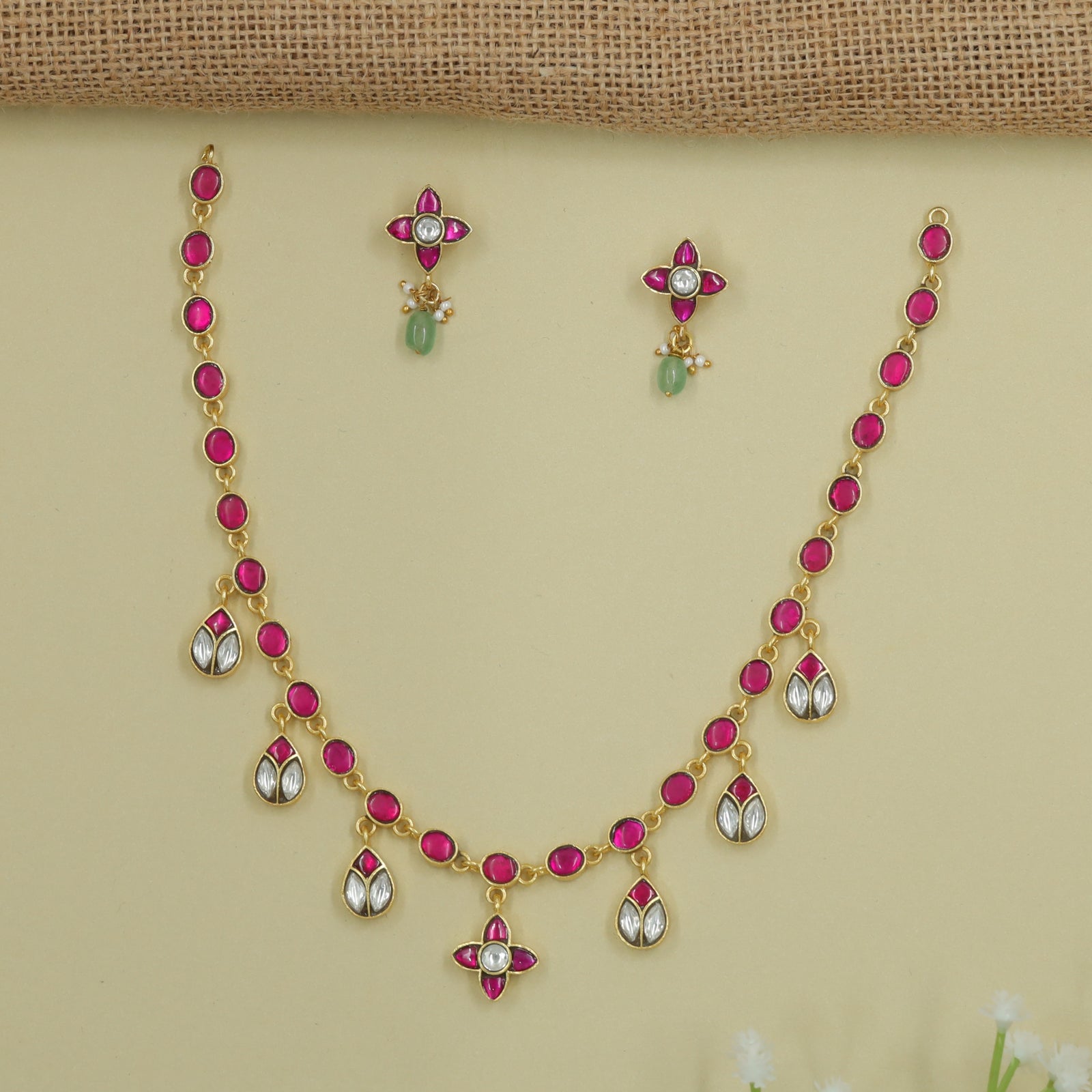 Oval Stone Necklace with Hanging Teardrop Units