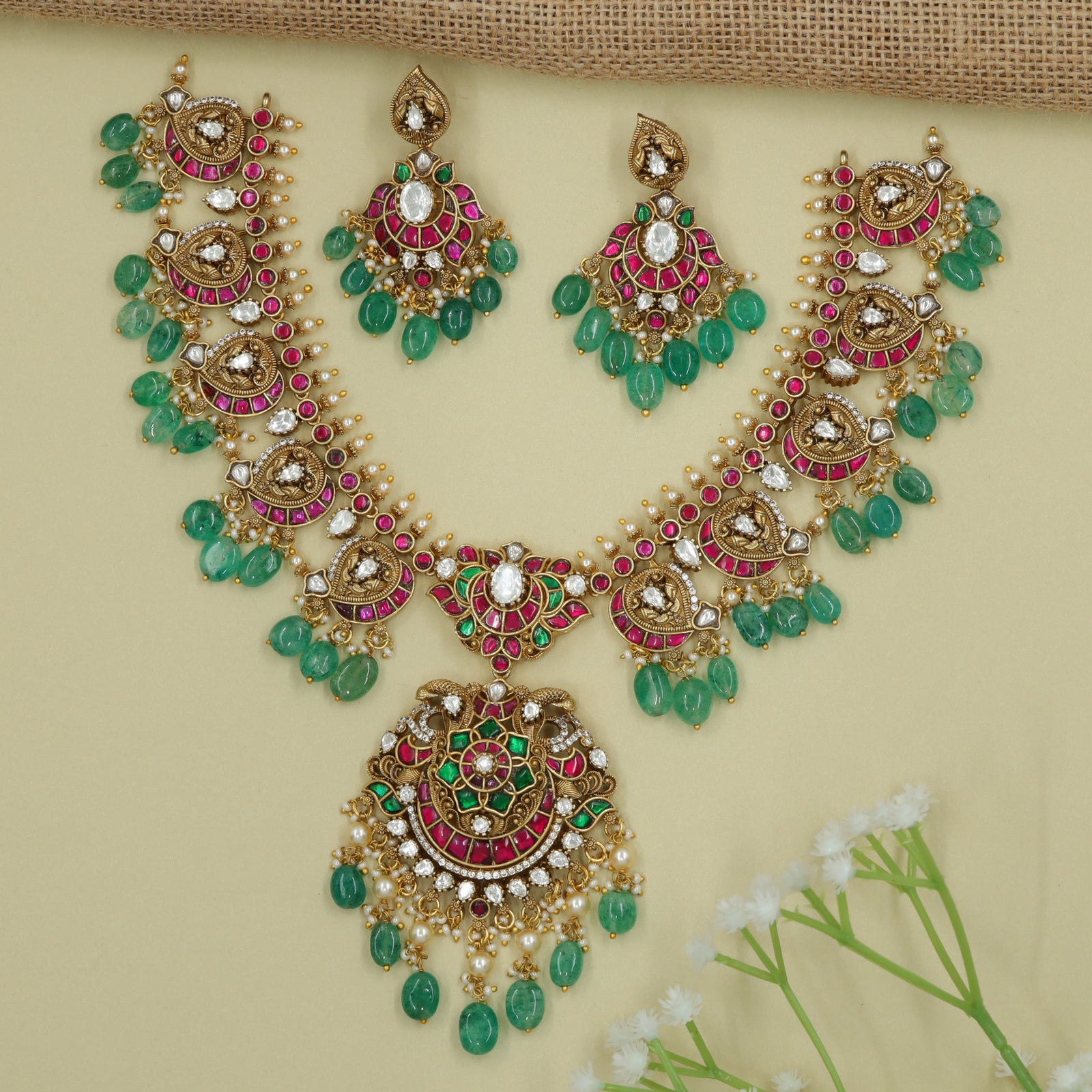 Peacock-Decorated Victorian Necklace Set with Statement Pendant