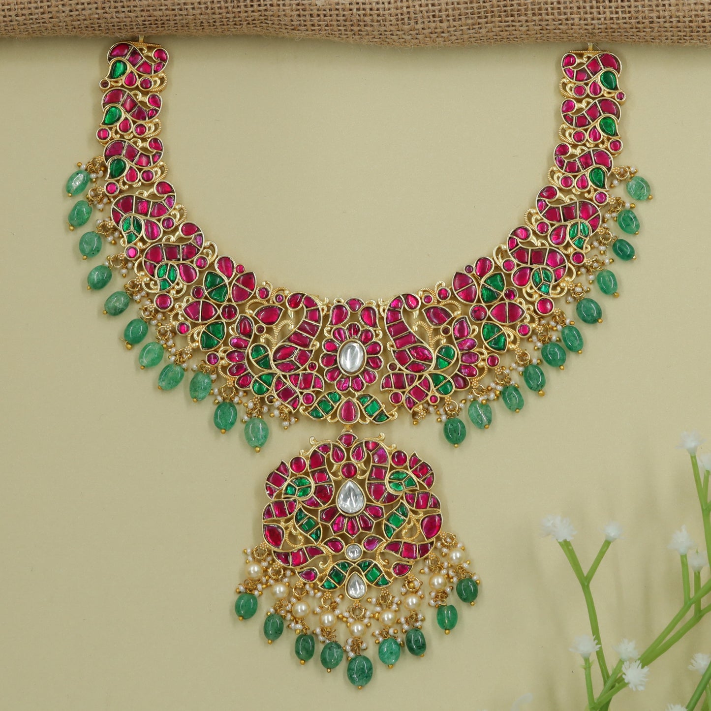 Necklace with Repeating Peacock Shapes and Centre Drop