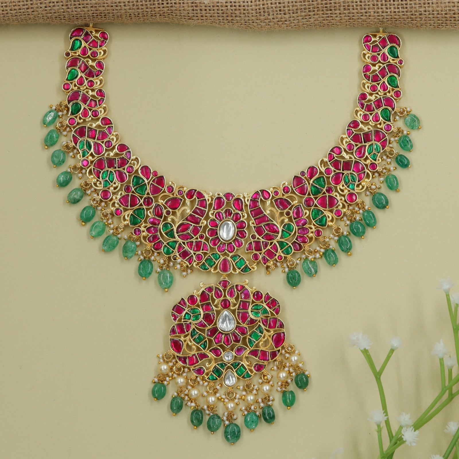 Necklace with Repeating Peacock Shapes and Centre Drop
