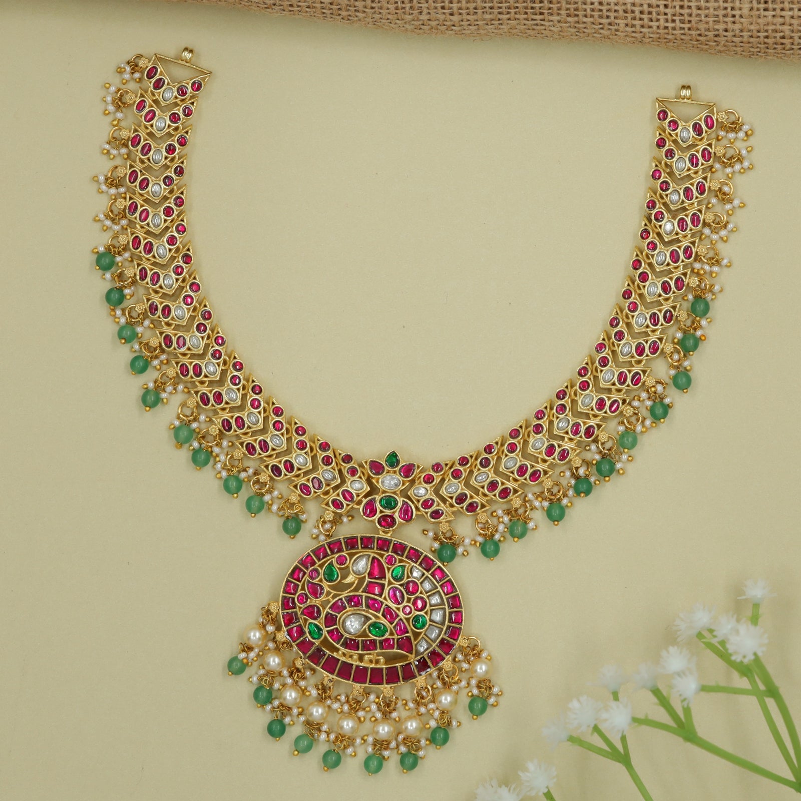Peacock-Form Jadau Necklace with Leaf-Link Chain and Pendant