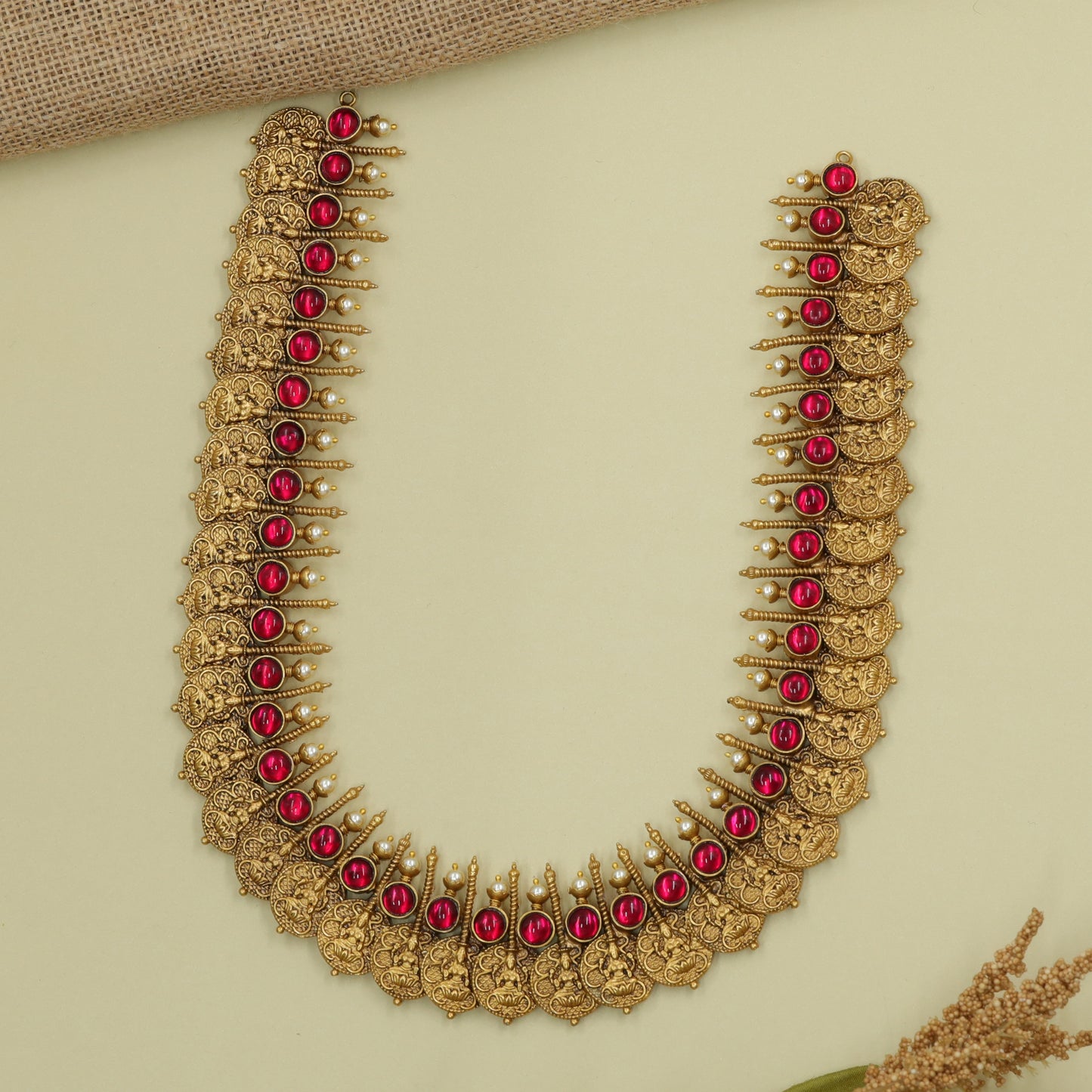 Goddess Motif Coin Necklace with Continuous Green Stones