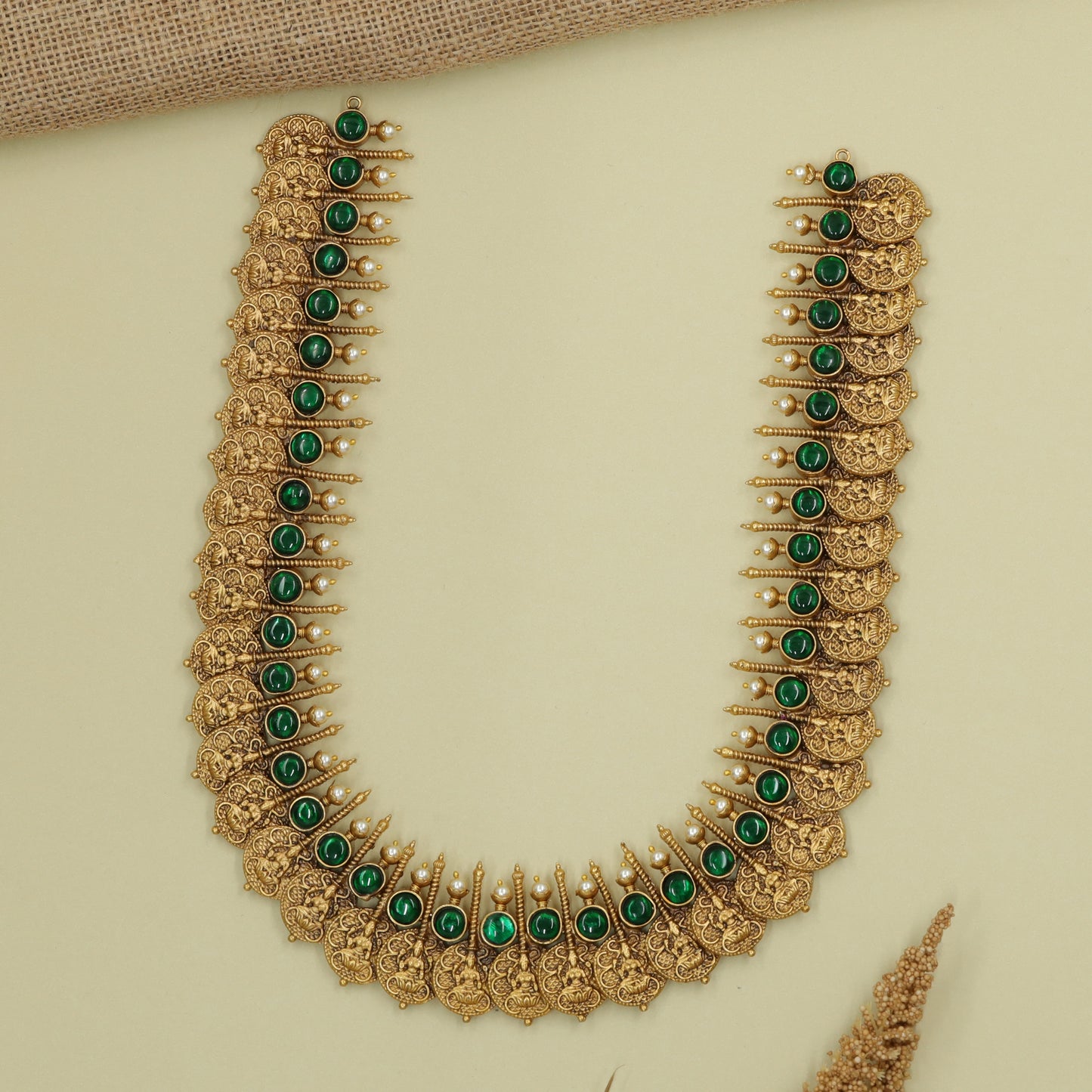 Goddess Motif Coin Necklace with Continuous Green Stones