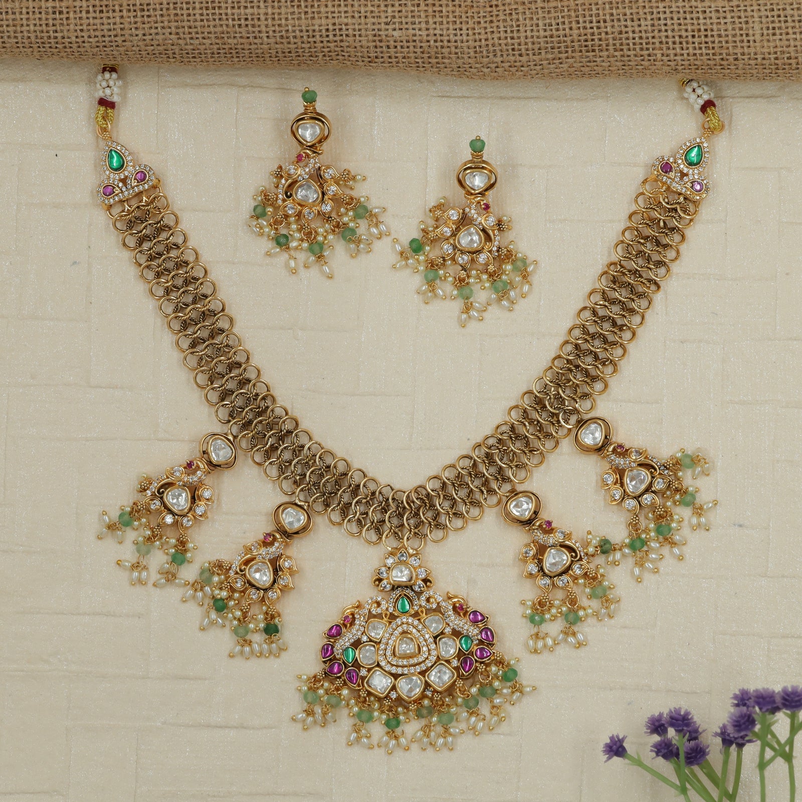 Antique Necklace Defined by Ring Chain and Cascading Drops