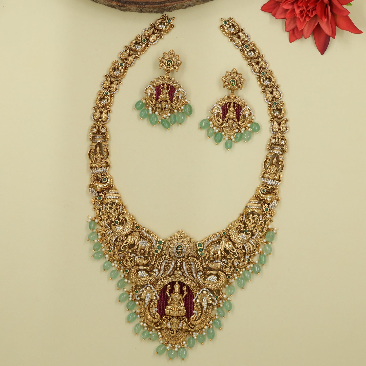 Long Haara with Central Lakshmi Panel and Dense Diety Work