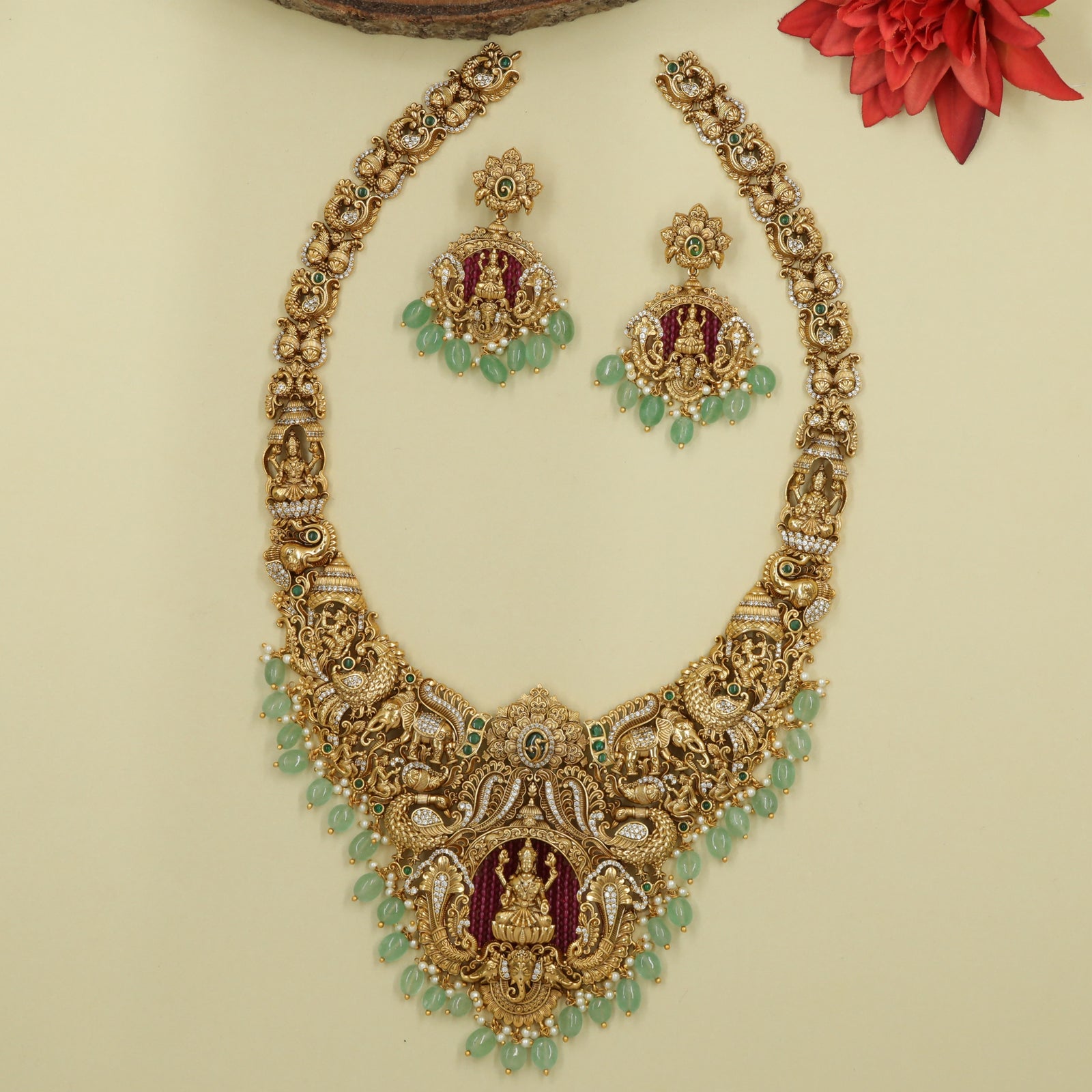 Long Haara with Central Lakshmi Panel and Dense Diety Work