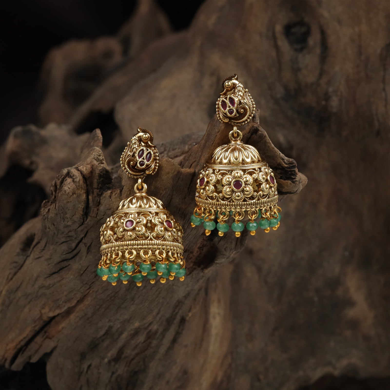 Stone-Studded Dome Jumka with Dense Floral Detailing