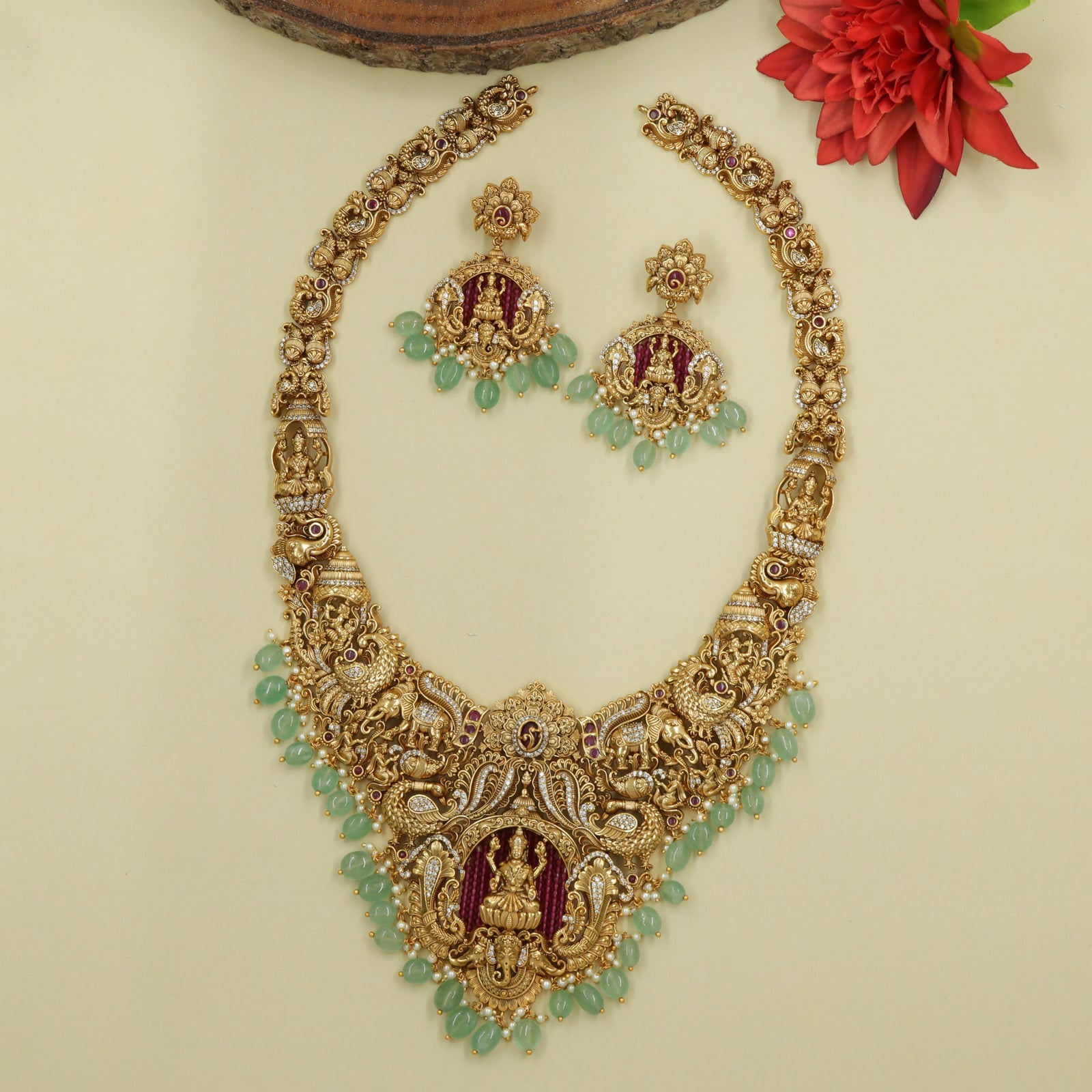 Long Haara with Central Lakshmi Panel and Dense Diety Work